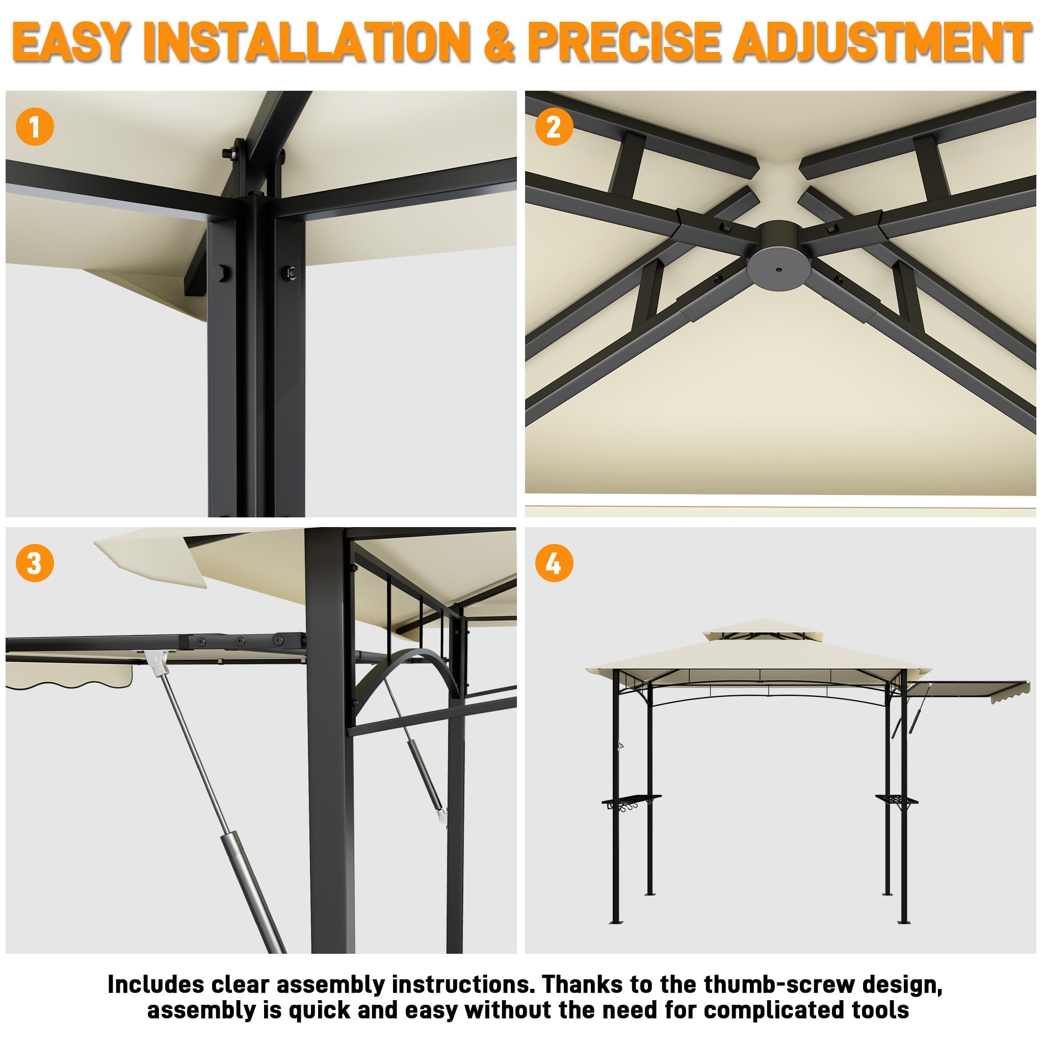 UISEBRT Tonnelle pour barbecue avec store latéral extensible, abri de barbecue avec 2 étagères, crochets et décapsuleur, double toit résistant aux intempéries pour ventilation et évacuation de la