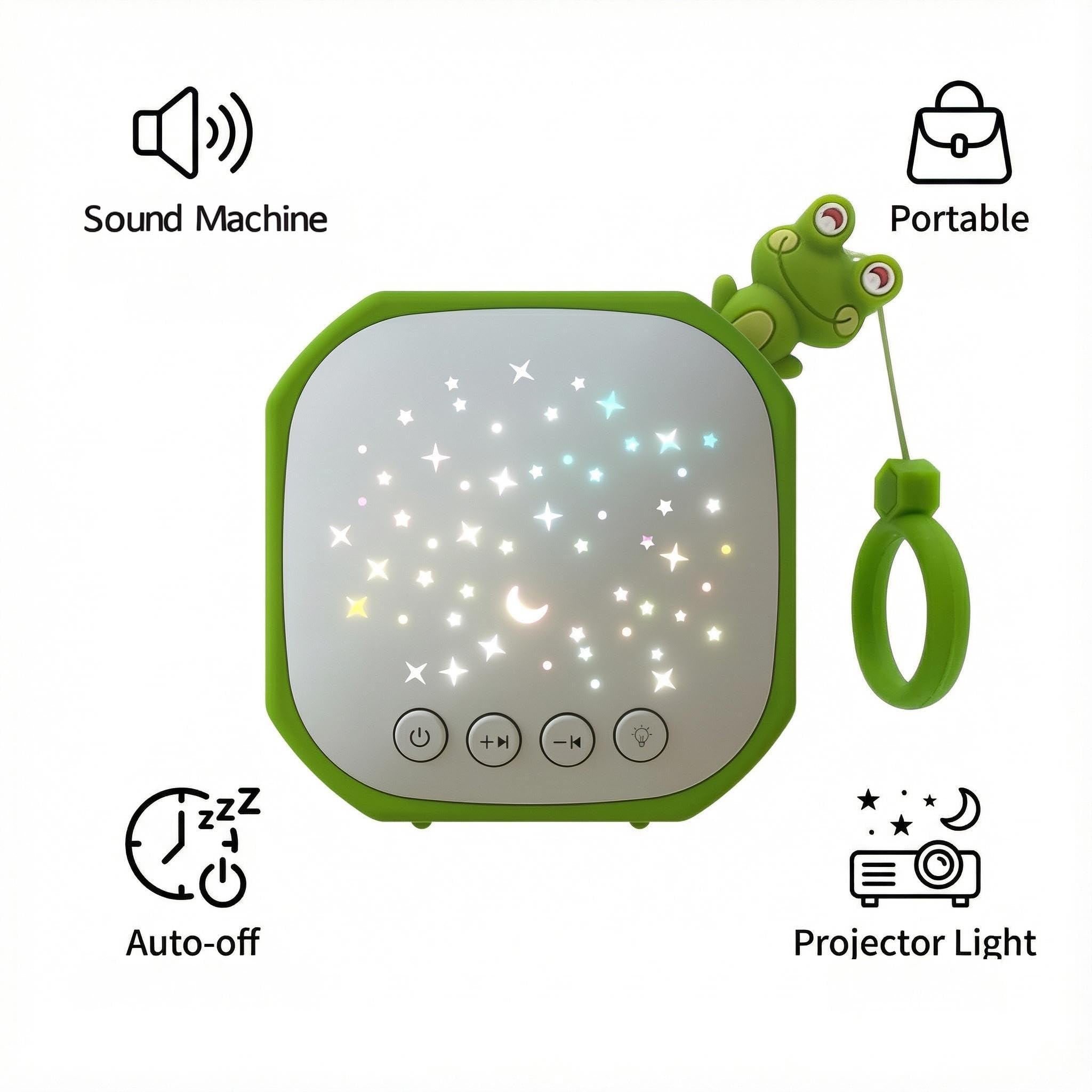 White Noise Sound Machine Baby con proiettore a stella, suono portatile per dormire con gancio per asilo nido, camera da letto, viaggi, neonati, bambini (rana)