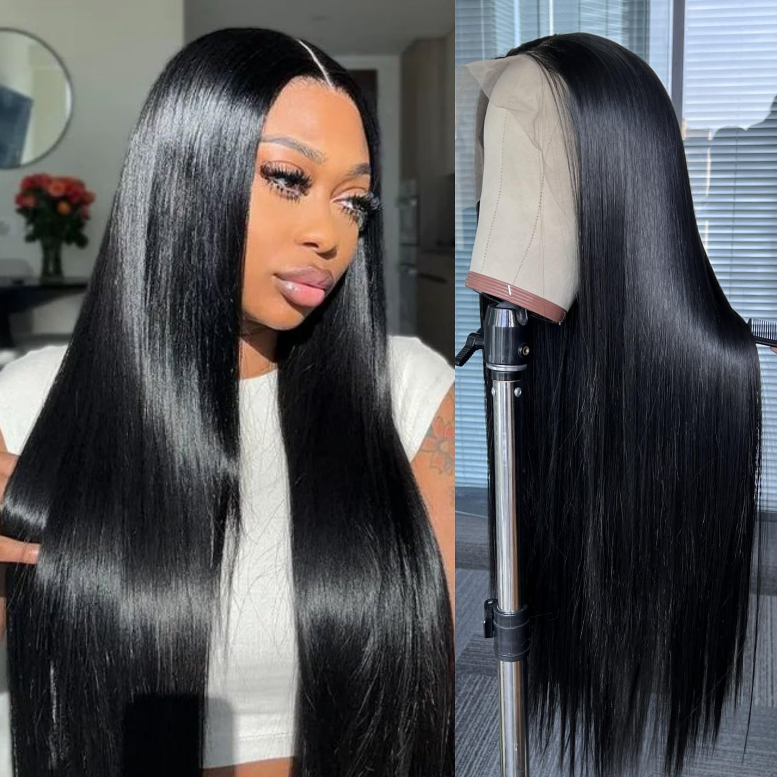 SAPPHIREWIGS 13×6 Black Lace Front Wigs Long Straight Hair Glueless Synthetic Lace Front Wigs for Women Pre-plucked Hairline Daily Party Use 26 inch