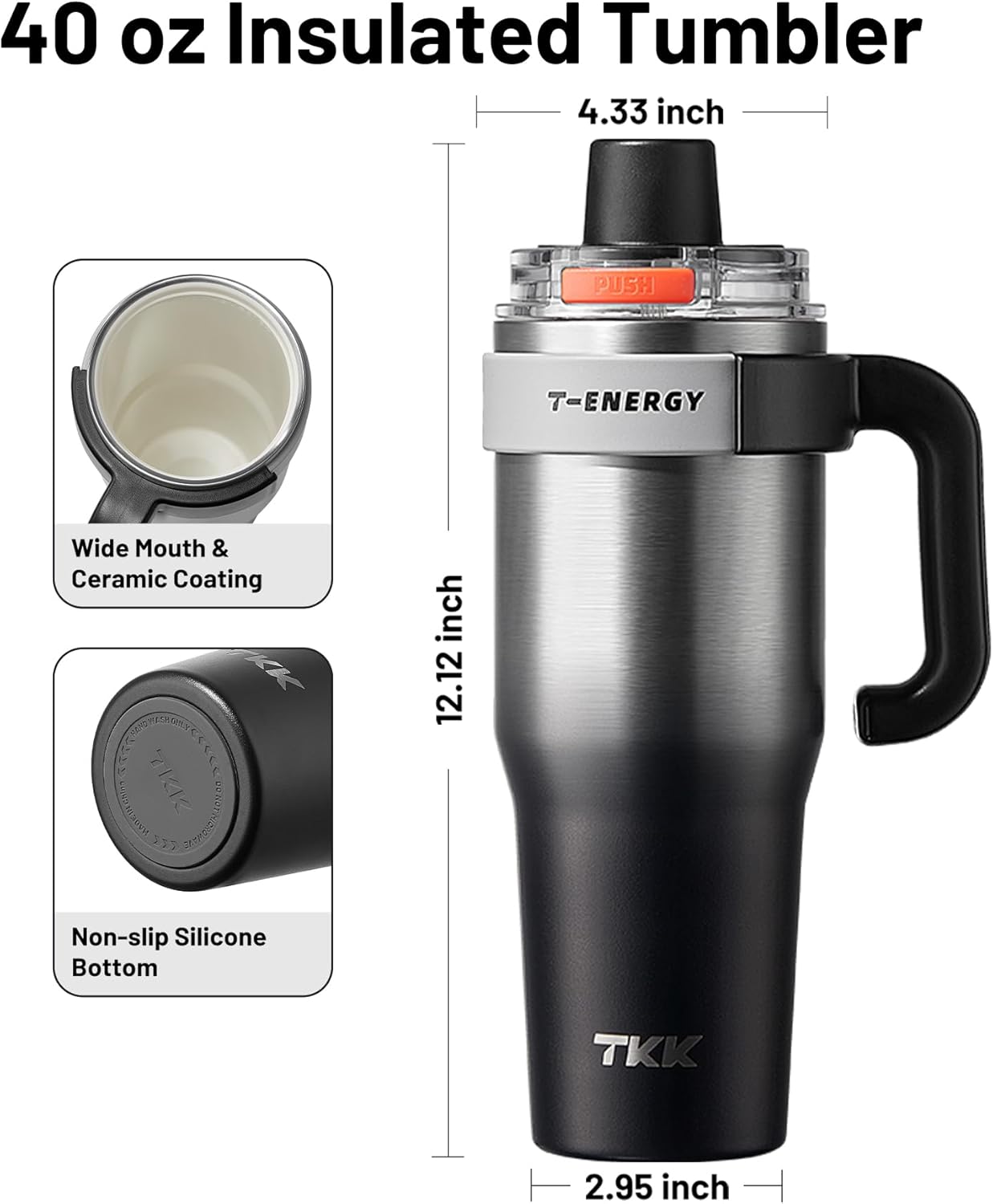 TKK 40 oz Insulated Tumblers with Handle and Straw, Stainless Steel Travel Mug with Ceramic Coating, Leak Proof Double Walled Iced Coffee Cup with Strainer for Hot & Cold Drinks,SteelBlack - Image 5