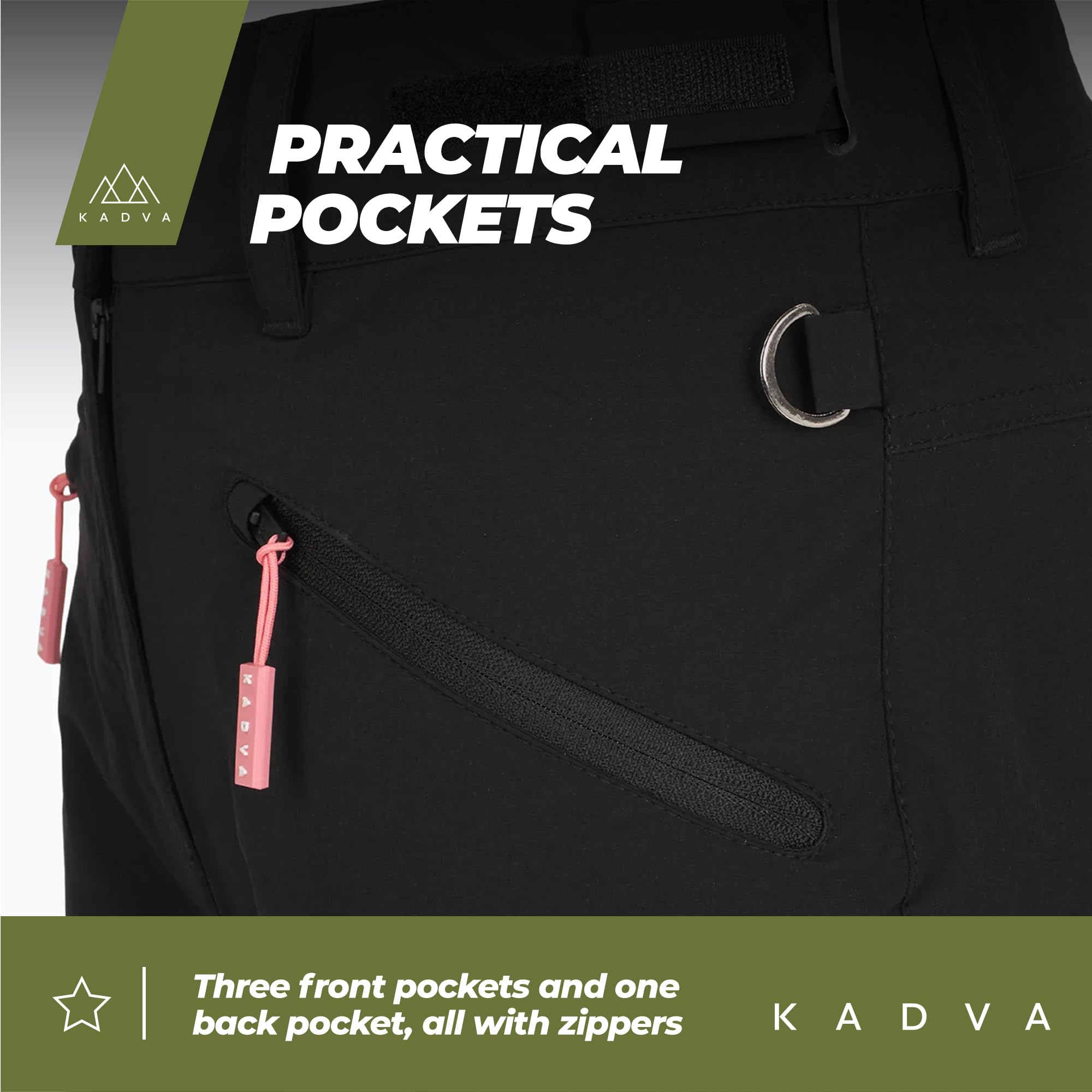 KADVA Reto szorty damskie XS – outdoor, trekking, styl sportowy, oddychające, szybkoschnące, regularny krój, regulowany ściągacz, 4 kieszenie, idealne do wędrówek i na co dzień