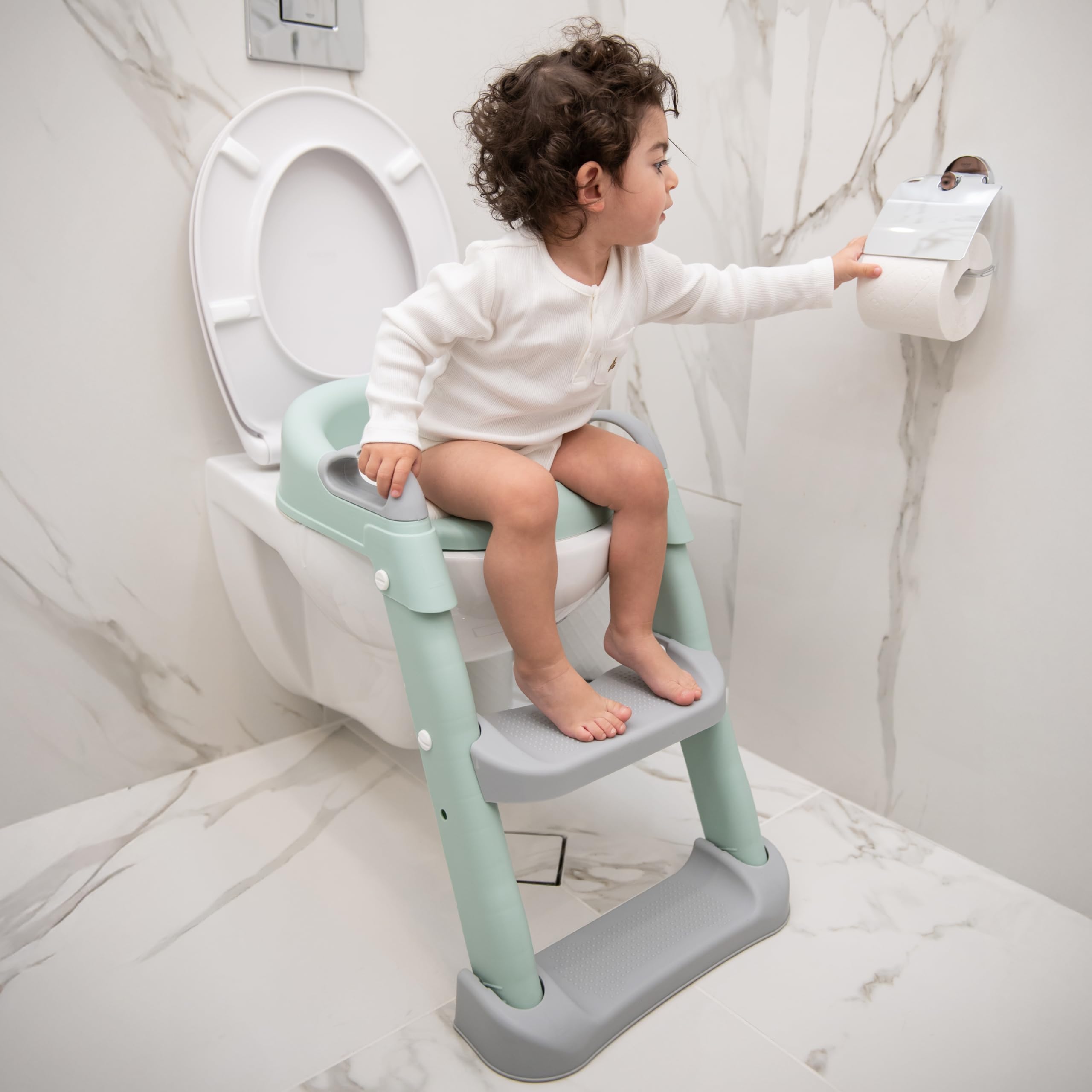 Adaptateur WC pour enfant KikkaBoo avec échelle LEA, réducteur de toilette, pliable et réglable, design anatomique, rembourrage amovible et doux, poignées, antidérapant, 18 mois et plus, menthe