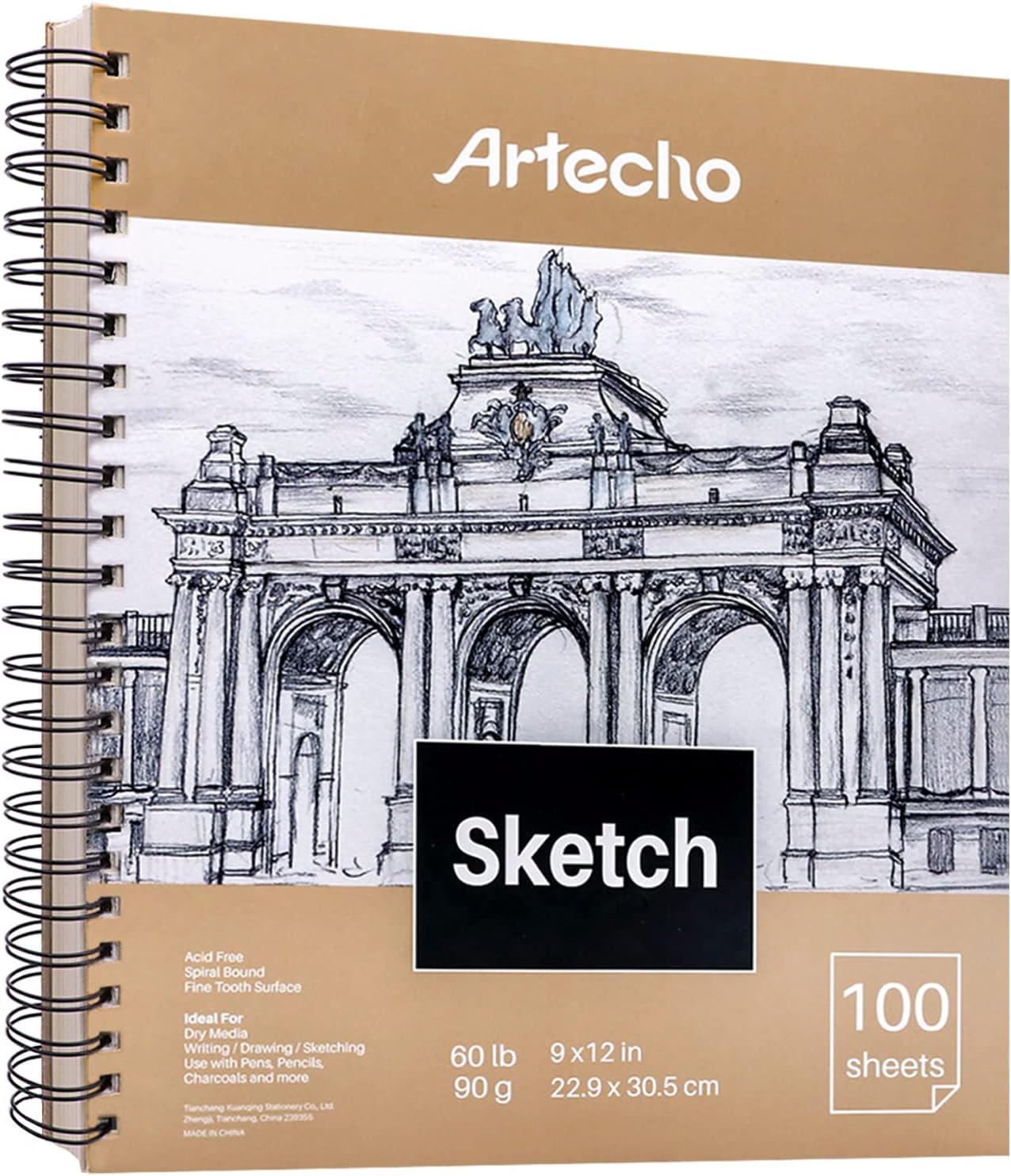 Artecho Sketchbook A4 100 Hojas 90gsm, Cuaderno de Dibujo, Blanco Natural, Encuadernado en Espiral, Papel de Dibujo Duradero Sin Acido.