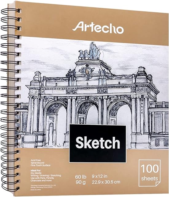 Artecho 9x12" Sketch Book, 100 Sheets (60 lb/90gsm), Spiral Bound, Art Supplies Sketch Pad, Durable Acid Free Drawing Paper, Ideal for Kids & Adults, Natural White