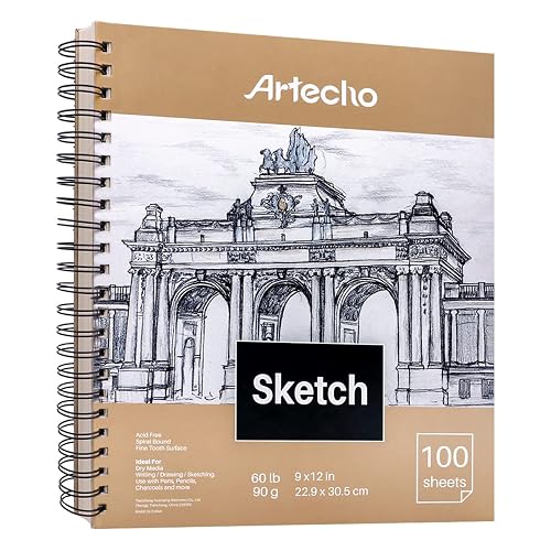 Artecho 9x12 Sketch Book, 100 Sheets (60 lb/90gsm), Spiral Bound, Art Supplies Sketch Pad, Durable Acid Free Drawing Paper, Ideal for Kids & Adults, Natural White - 1Pack