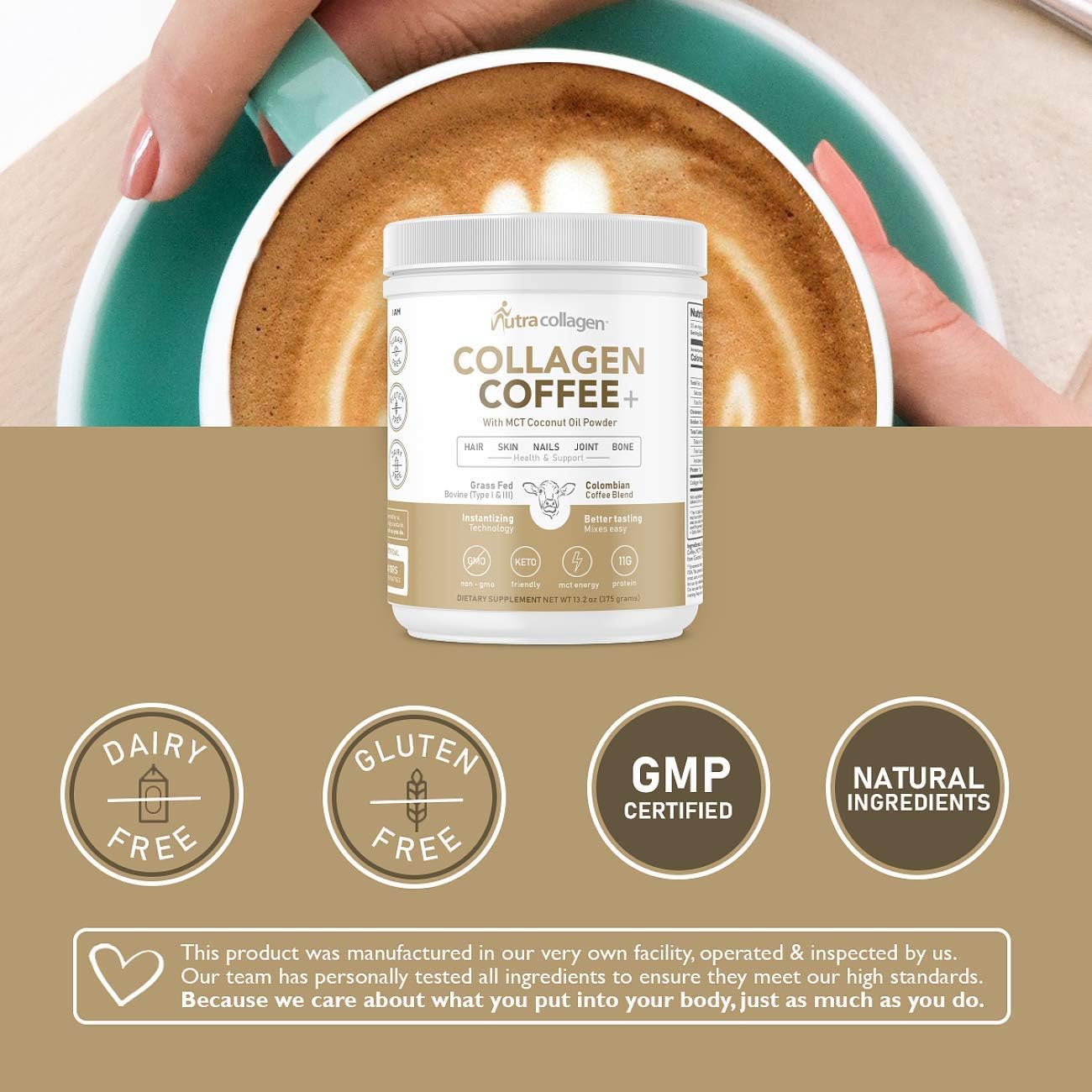 NUTRACOLLAGEN Peptide Protein Powder with Premium Columbian Coffee; Grass-Fed; Keto Friendly, MCT Coconut Oil Powder, Soy Free, Gluten Free, Sugar Free, 40mg Caffeine per Srving; 25 Servings; Original