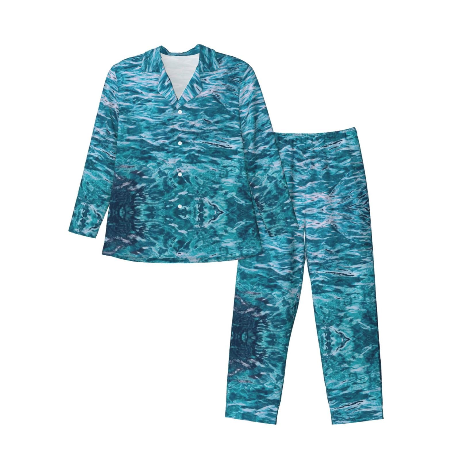 Conjunto de pijama para hombre con estampado de superficie marina, pijama suave de manga larga con botones y bolsillos