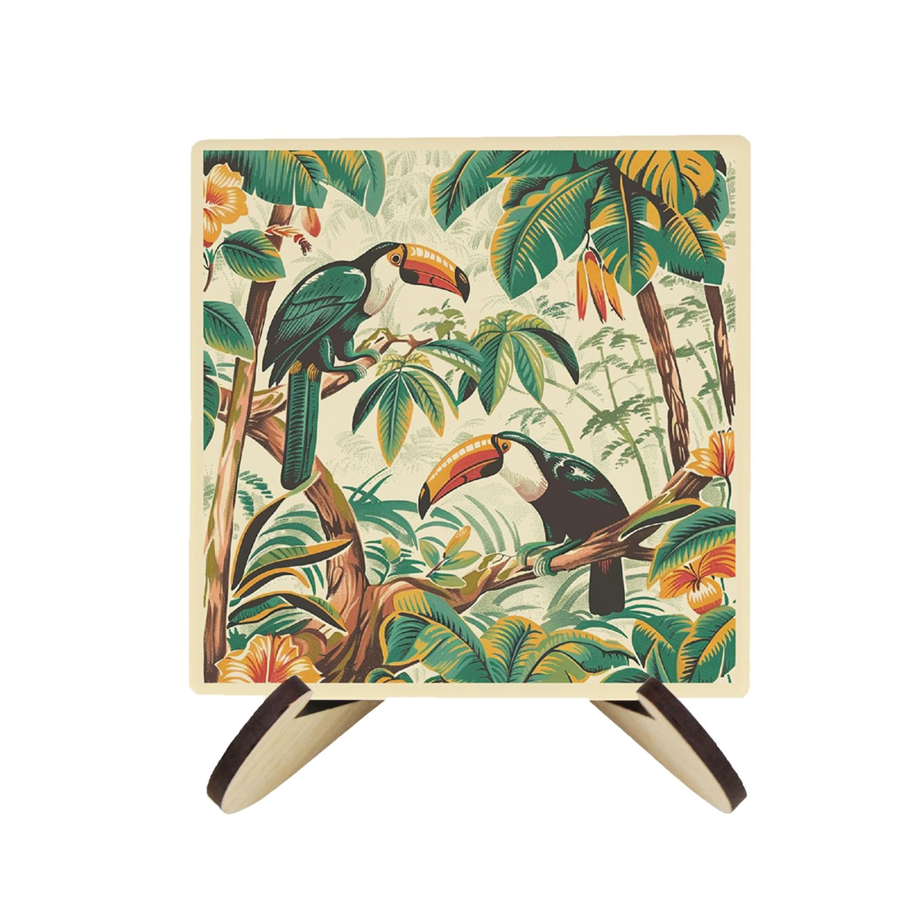 Purely Home Vintage Jungle Ceramic Coaster Set - Exotic Safari Elephant Monkey Chimpanzee Toucan Square Set Of Four (4) Coasters Gift & Wood-Effect Coaster Stand