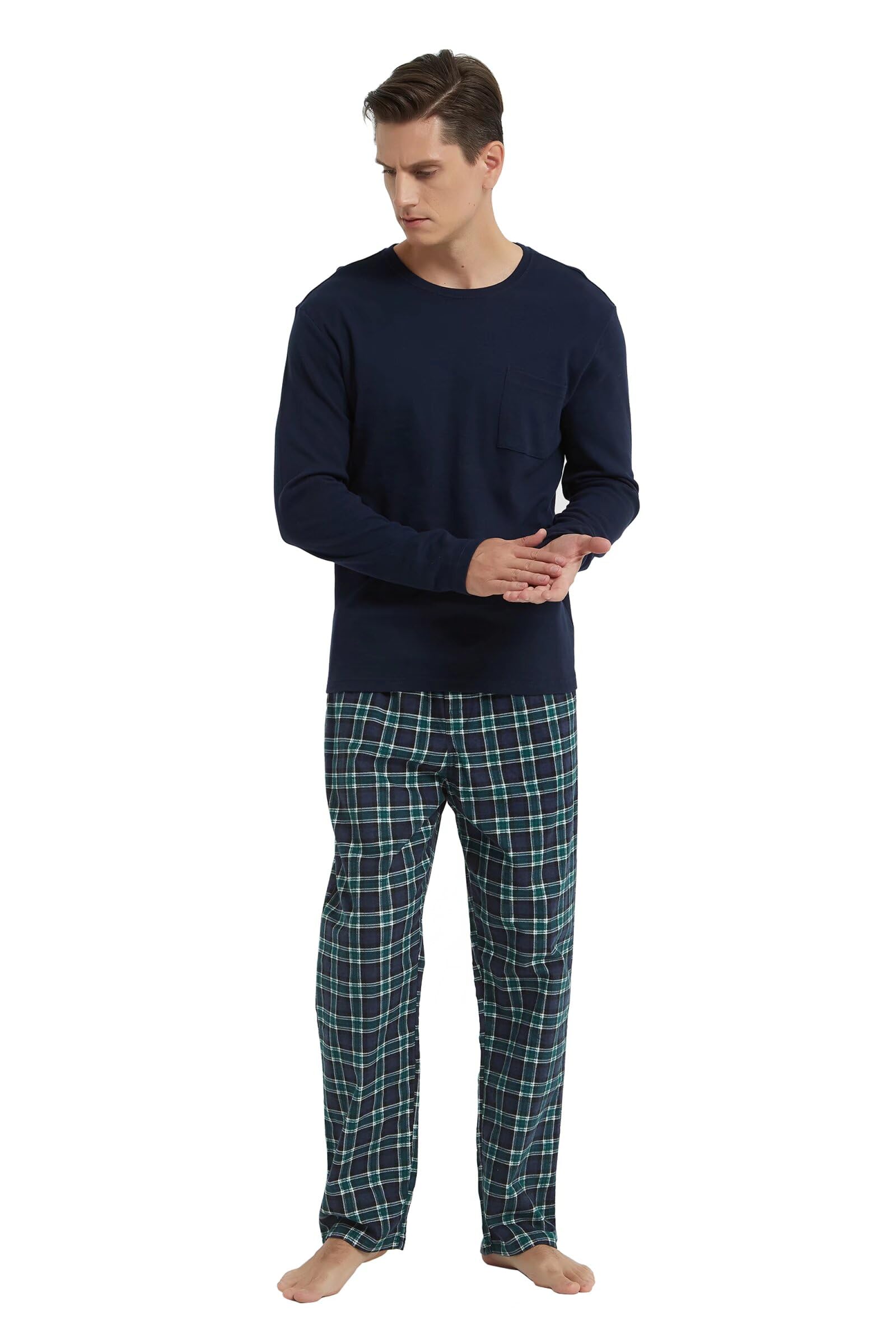 GLOBAL Pijamas Hombre Franela Cómodo Ropa Dormir Largo Suave Conjunto de Algodón Hombre Manga Larga Cuello Redondo y Pantalones Cuadros