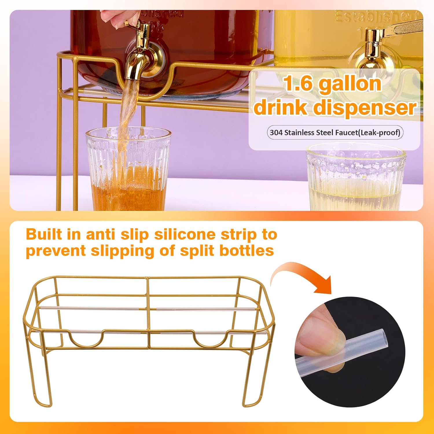 1.6 gallon Glass Beverage Dispenser with Stand, 2PACK Lemonade Dispenser with Spigot Stainless Steel, Drink Dispensers for Parties,Picnic,Weddings(Golden) - Image 3