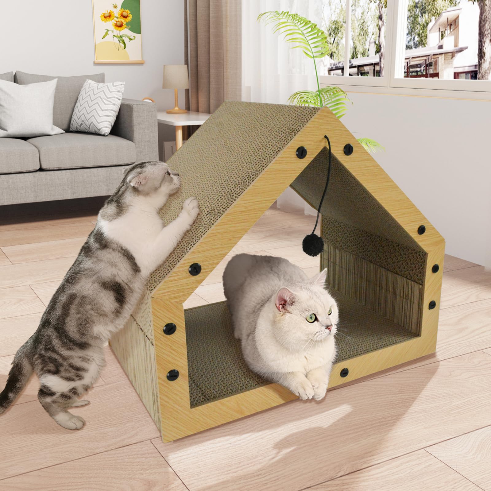Kratzpappe für Katzen Groß XXL mit Ball, Hausform Kratzbretter Katze, Betten, Kratzspielzeug & Kratzmöbel aus Hochwertiger Wellpapier, 40x30x40cm