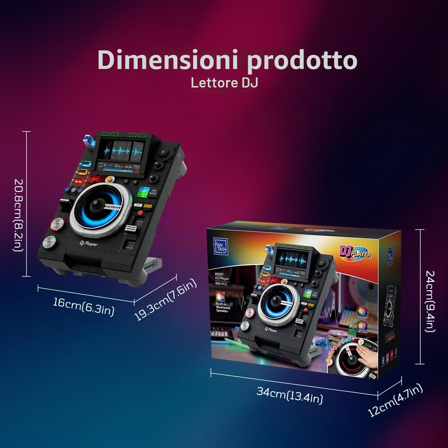 PANTASY Set di mattoncini per DJ con riproduzione musicale Bluetooth, doppia modalità di illuminazione, supporto regolabile, modello interattivo per bambini e adulti