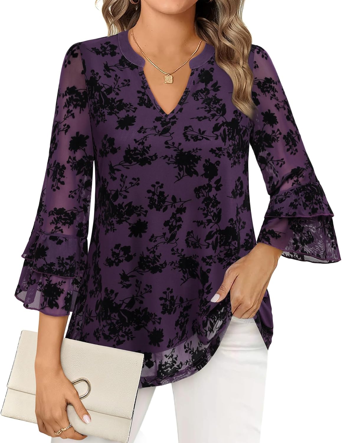 Womens Blouses Dressy Casual 3/4 Tiered Bell Sleeve Tops Double Layered Mesh V Neck Shirts - Image 2