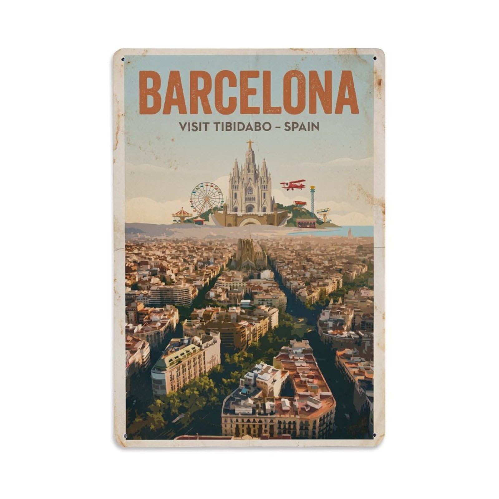 Este 8X12inch Style Vintage Travel Barcelona Spain Noble Metal Tin Sign