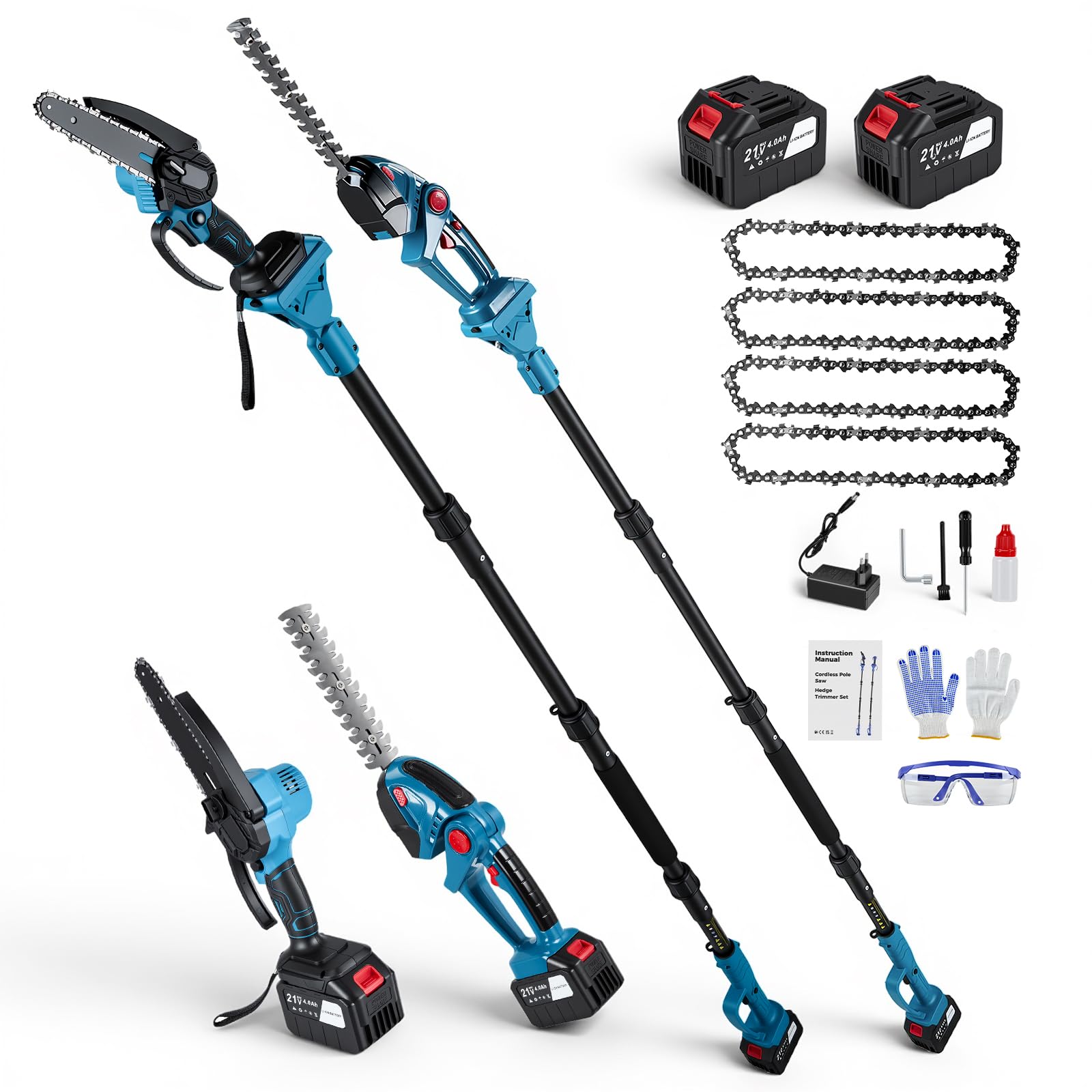 Tijeras de podar telescópicas 4 en 1, 6 pulgadas, cortasetos con batería de 2 x 4000 mAh, ángulo ajustable de 180°, motor de cobre (25000 rpm), 4 cadenas, guantes y gafas de protección, para jardín y
