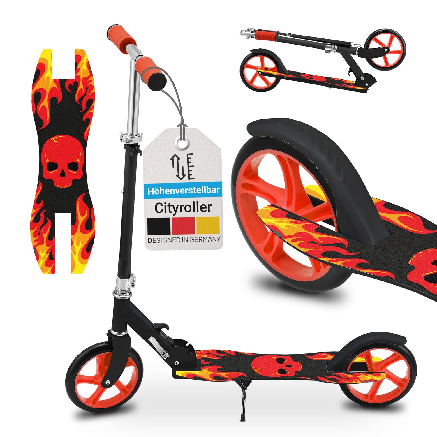ArtSport Cityroller Fire – 205-mm-Räder, klappbar, höhenverstellbar, bis 100 kg, schwarz/rot