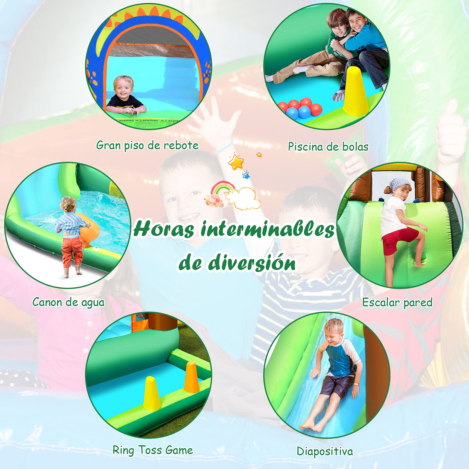 COSTWAY Parque Acuático Inflable con Tobogán, Tobogán Inflable en Tejido Oxford con Piscina Pared para Escalar Hidrante de Agua Casita Piscina con Pelotas, con Compresor