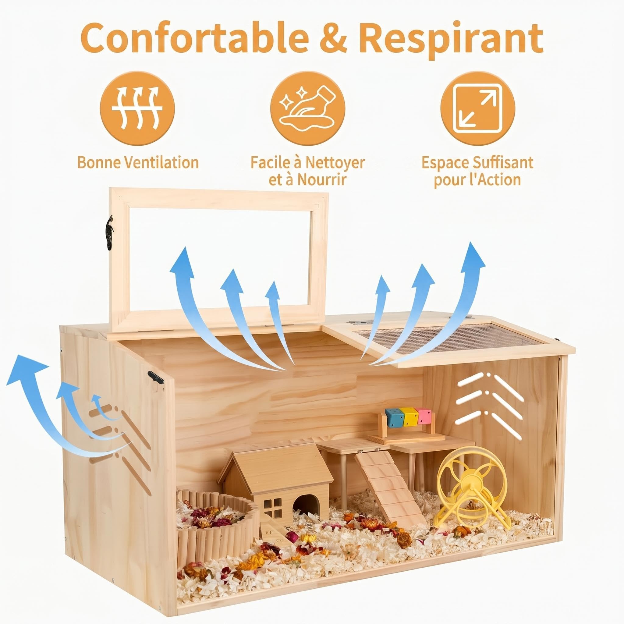 Garvee Cage en Bois 80x40x40cm spacieuse pour Petits Animaux, Toit Acrylique ouvrant, Porte Oblique, Excellente Ventilation, idéale pour Hamster syrien, Gerbille, Souris, Cochon d’Inde, Chinchilla