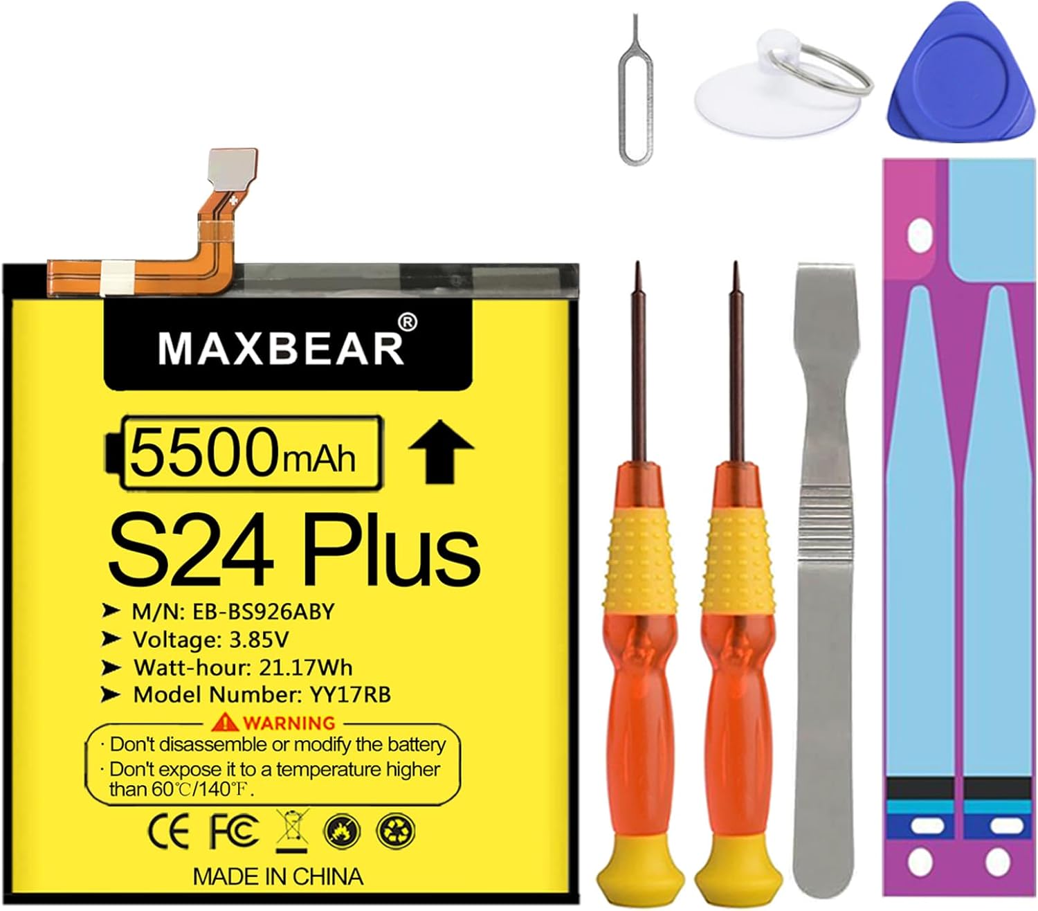 Galaxy S24 Plus Battery, 2024 Upgraded 5500mAh 3.85V Li-Polymer Replacement Battery EB-BS926ABY Compatible with Galaxy S24 Plus 5G SM-S926B/DS SM-S926U SM-S926U1 with Repair Tool Kit