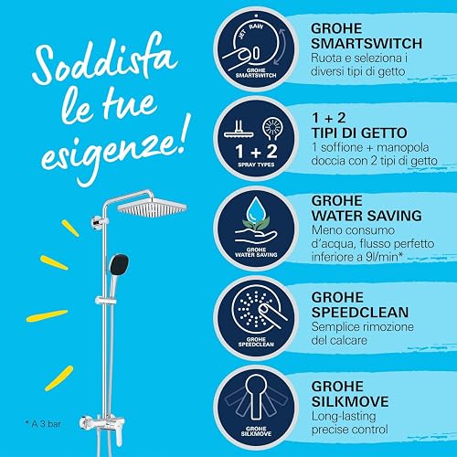 GROHE Vitalio Comfort 250, Shower Column with Single-Lever Mixer Tap, Overhead Shower 25 cm 1 Jet (Rain), Shower Head 11 cm 2 Jets (Rain and Massage), Hose 1.75 m, Water Saving, Chrome, 26985001 - 5