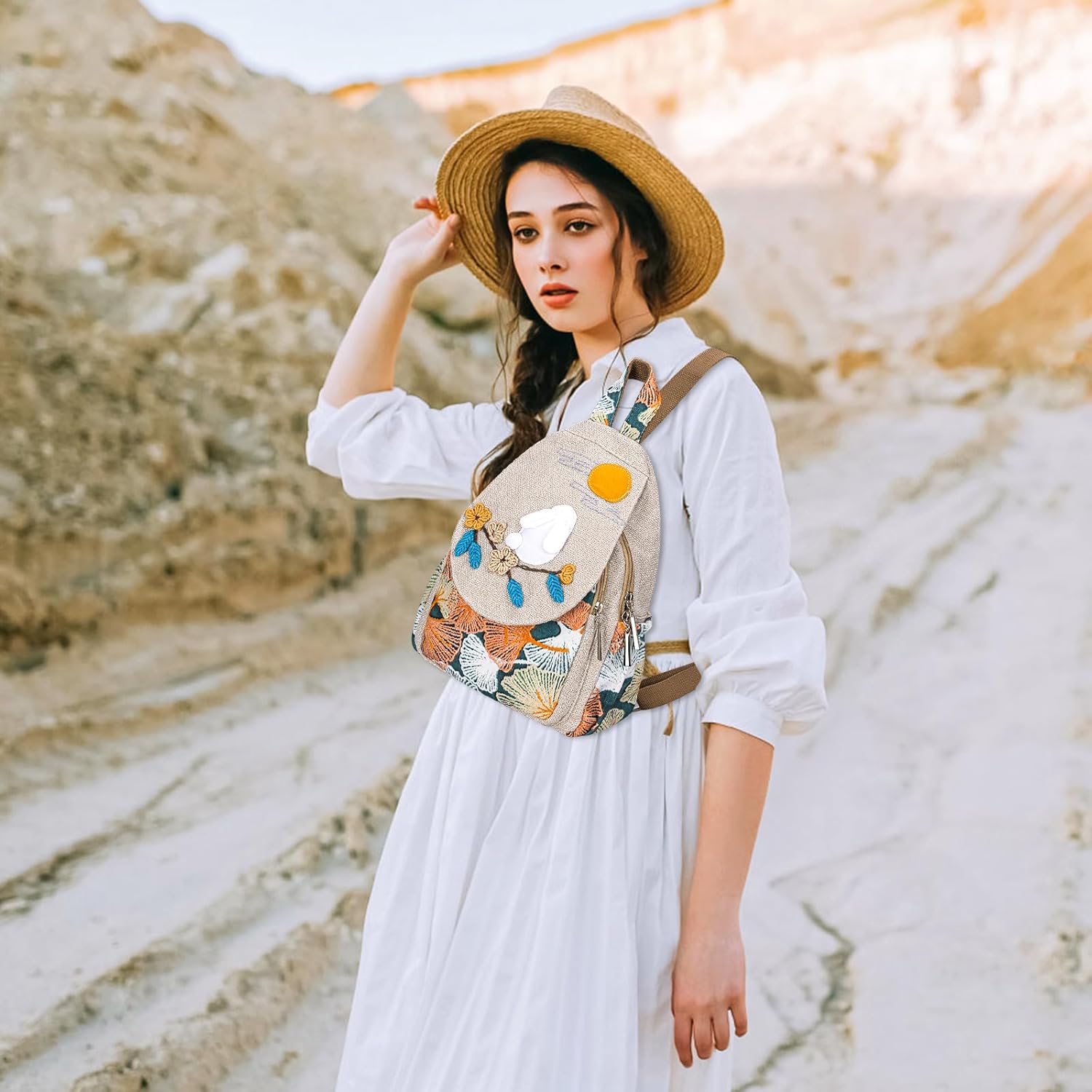 Backpack for Women, Boho Crossbody Sling Bags for Women with Cute Hand-woven Pattern Mini and Small Backpack (Rabbit Moon)