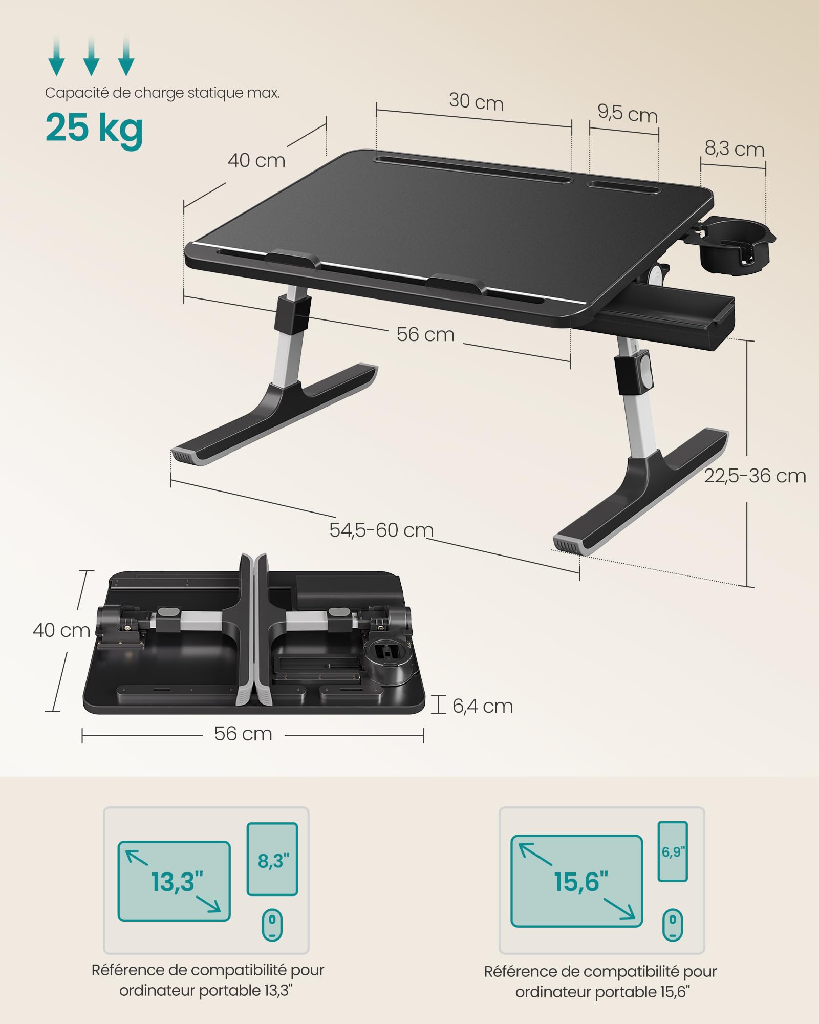 SONGMICS Table de Lit Pliable Plateau 56 x 40 cm Hauteur Réglable Inclinaison 120° Noir d’Encre