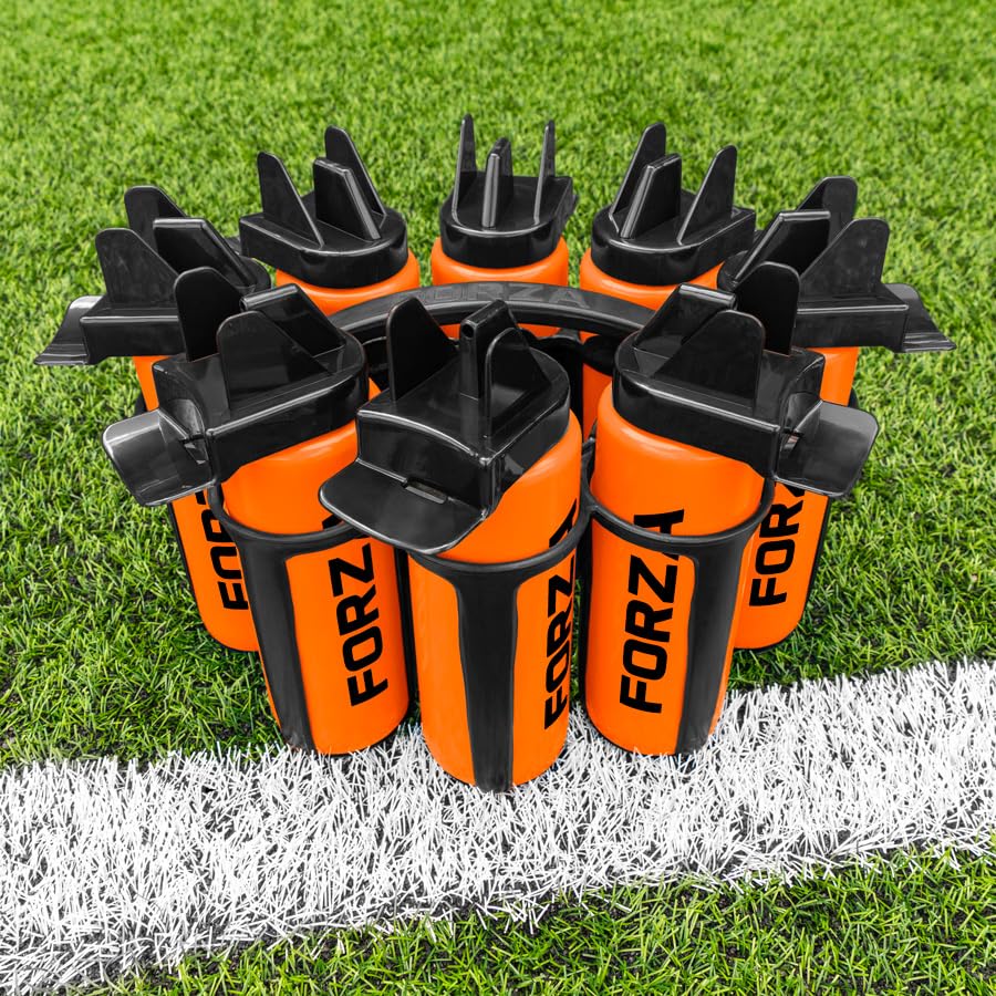 FORZA Wasserflaschen + Träger-Set [8x Flaschen] | Hygeine [1L] oder Sportflasche [750ml] mit stapelbarem Träger für Fußball, Rugby, Training, Fitnessstudio & Teams (Orange, Hygeine Flaschen)