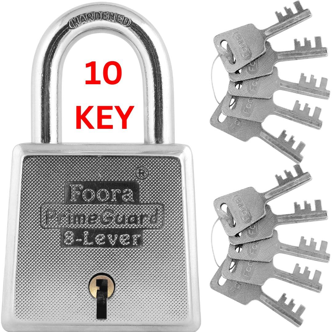 Foora PrimeGurad 60 with 10 Keys Padlock, Double Locking, Iron Zinc 8 Lever for Door, Gate, Shutter,Hardened Shackle Heavy Duty Key Lock, Size 60mm Silver Glossy Finish 1 Key Chain