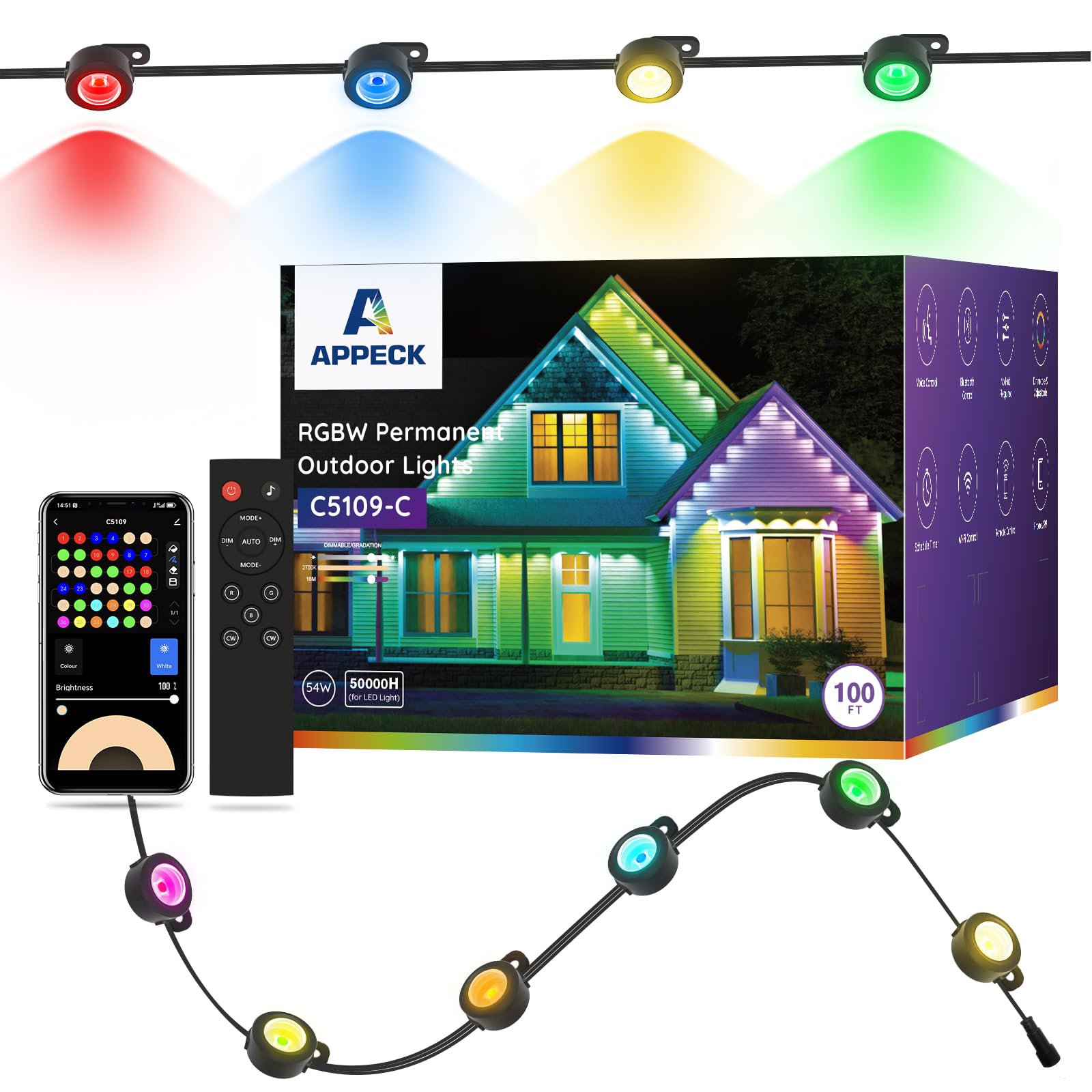 AMATERAS LED 10w & レディオアーム (セット) APPECK Permanent Outdoor Lights 100ft with 72 LEDs, DIY Scene