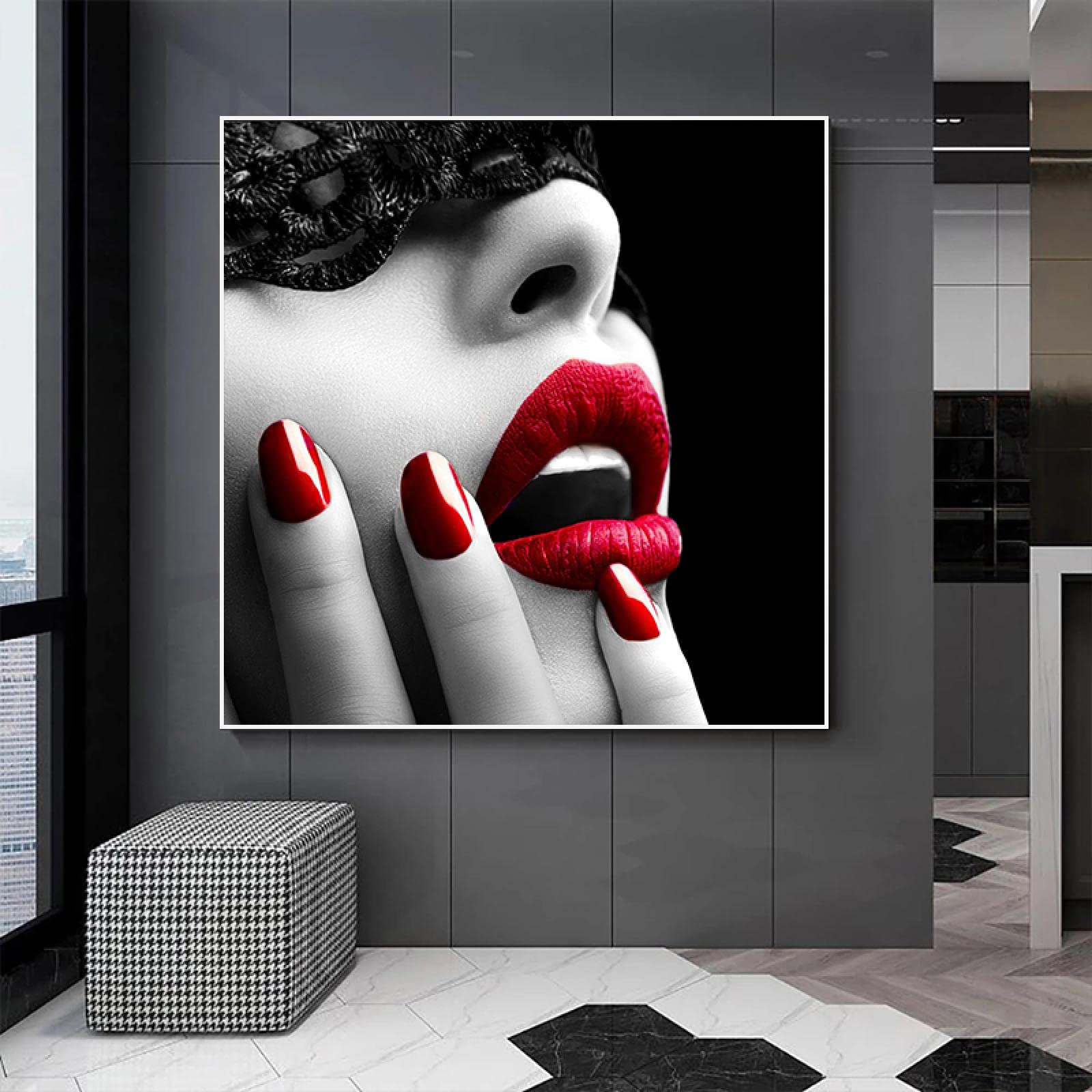 Lienzo enmarcado Arte de pared Negro Blanco Arte de pared Imagen Moda Labios rojos Modelo sexy Chica Carteles nórdicos e impresiones Arte de pared 90x90cm (35x35in) Con marco
