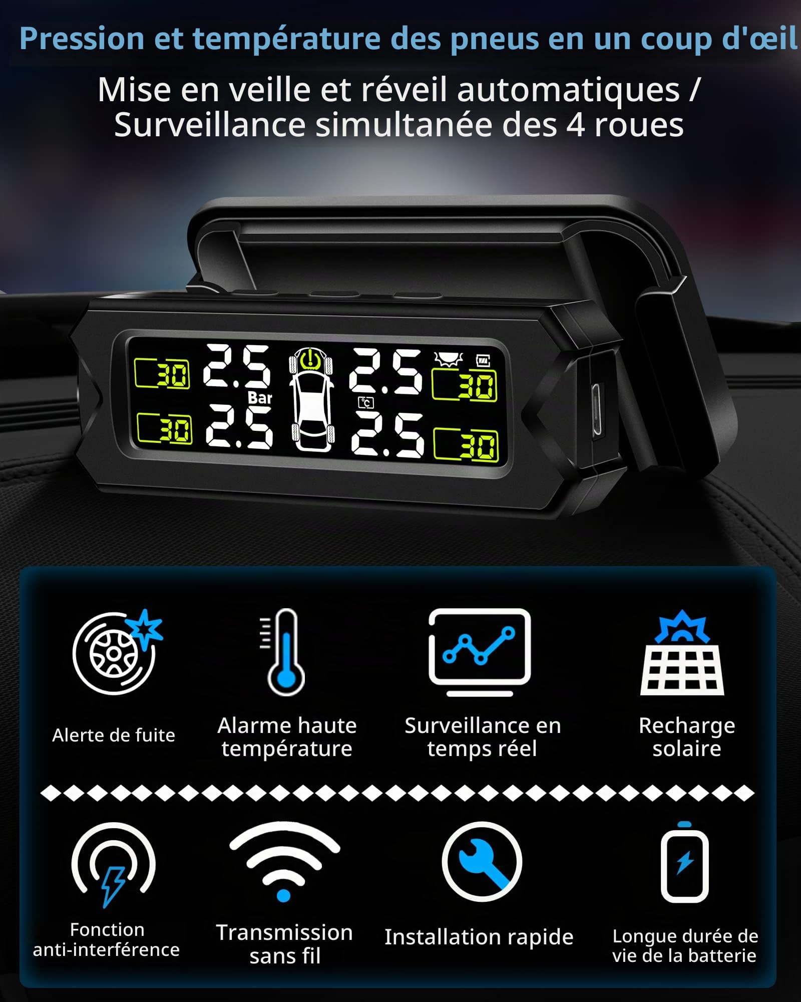Système De Surveillance De La Pression Des Pneus Tpms Moniteur De Pression Des Pneus Réglable Et Amovible Solaire Avec 6 Modes D'alarme Et Détection Automatique En Temps Réel Pour Voiture 22-87 Psi