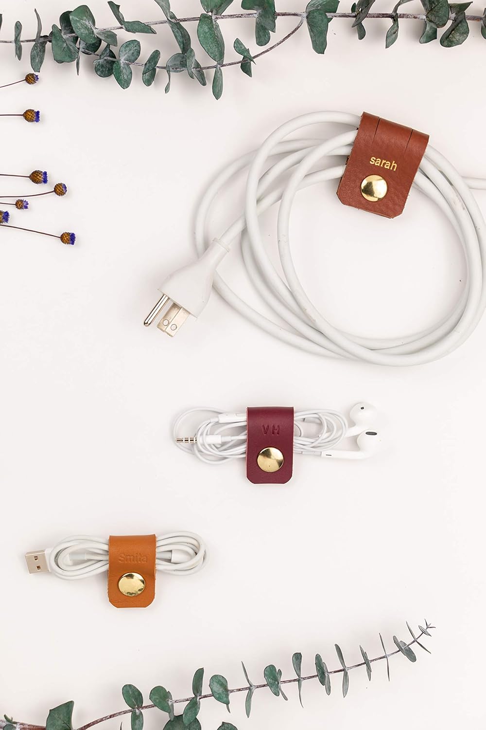 KEYAIIRA - Set of 3 Personalized Leather Cable Cord Holders Gold Snap Closure - Laptop Charging Cord Keeper, Earbud Organizer Customized Monogram Gift tech, Stocking Stuffer, Travel Accessories