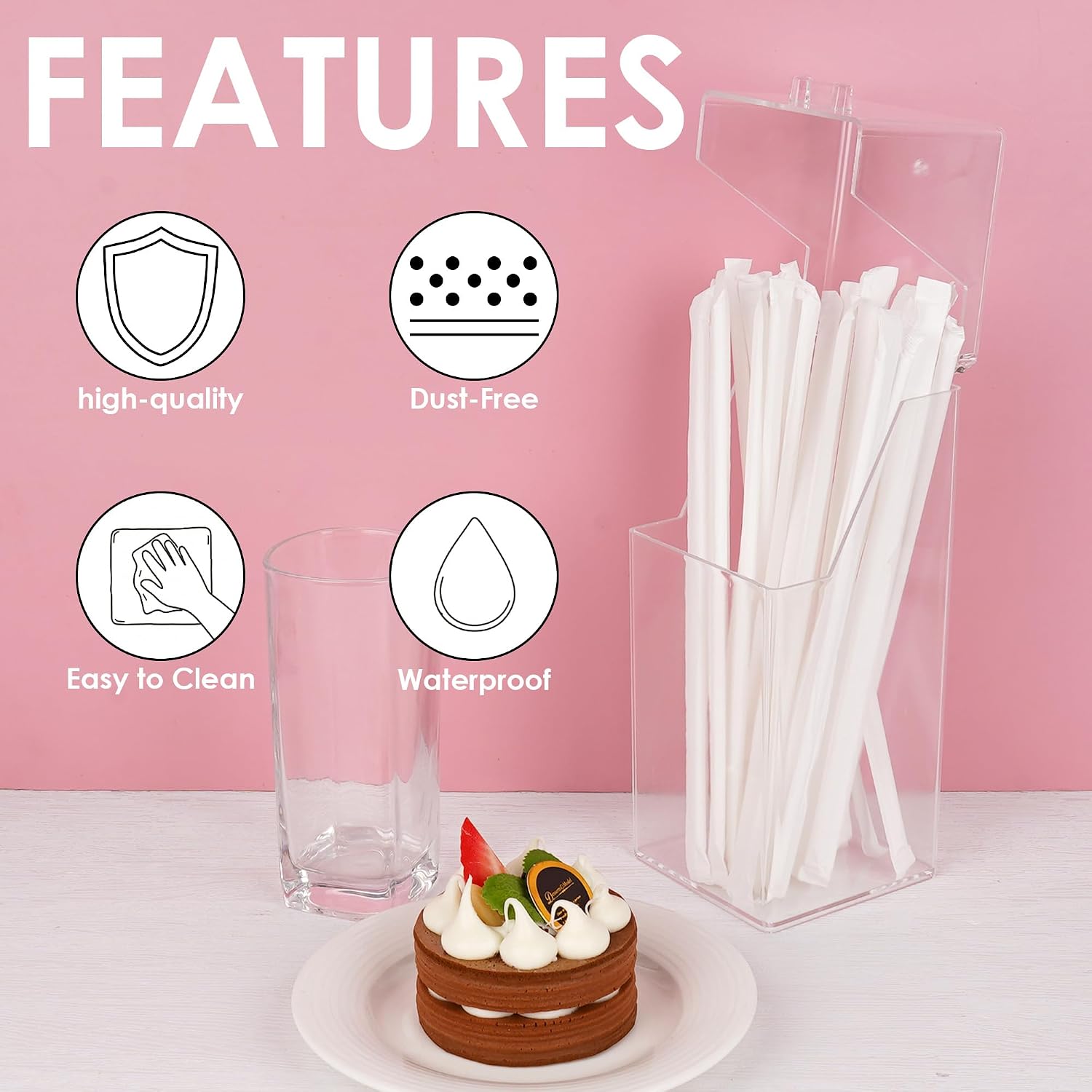 Clear Straw Holder for Countertop, Acrylic Dispenser with Flip Top Lid, Dustproof Drinking Accessory Organizer for Kitchen, Bar & Coffee Station - 8.2" Tall