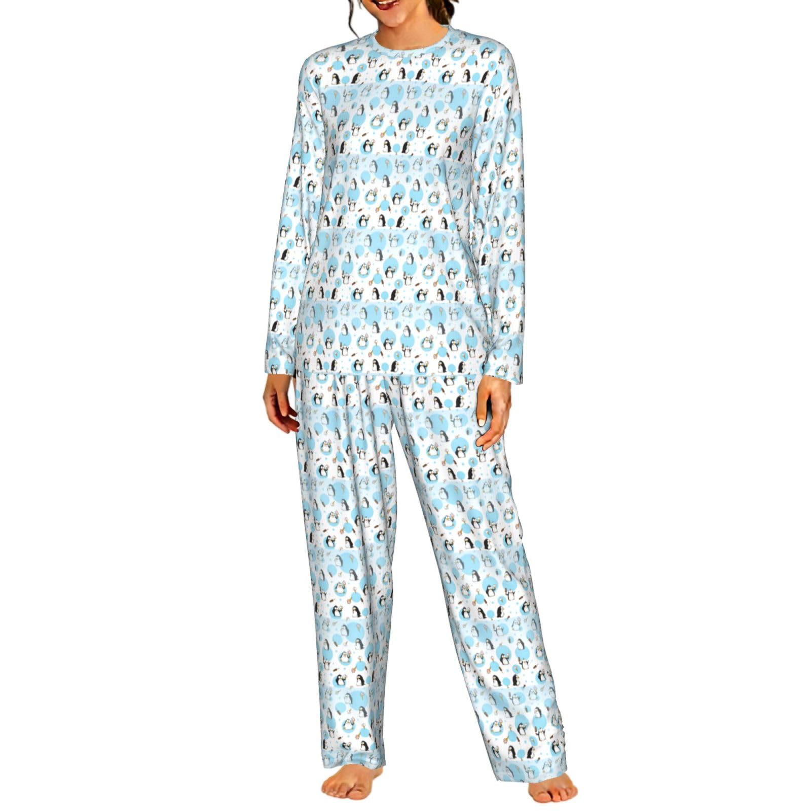 Pigiama da donna a maniche lunghe con stampa pinguino palloncino fiocco di neve morbido pigiama da spiaggia vacanza biancheria da notte regalo casual