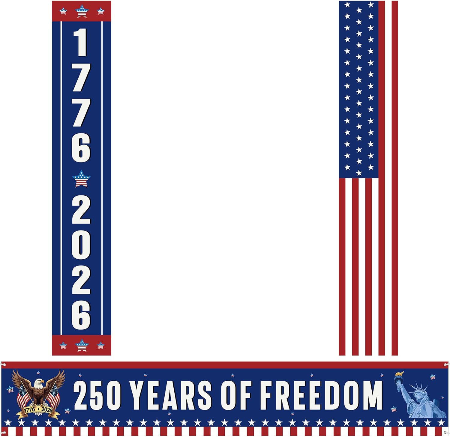Peryiter 3 Pcs American 250th Anniversary Banners Patriotic Decorations 250 Years of Freedom Banner Flag 1776-2026 USA Birthday Porch Sign for 4th of July Independence Day Party Supplies