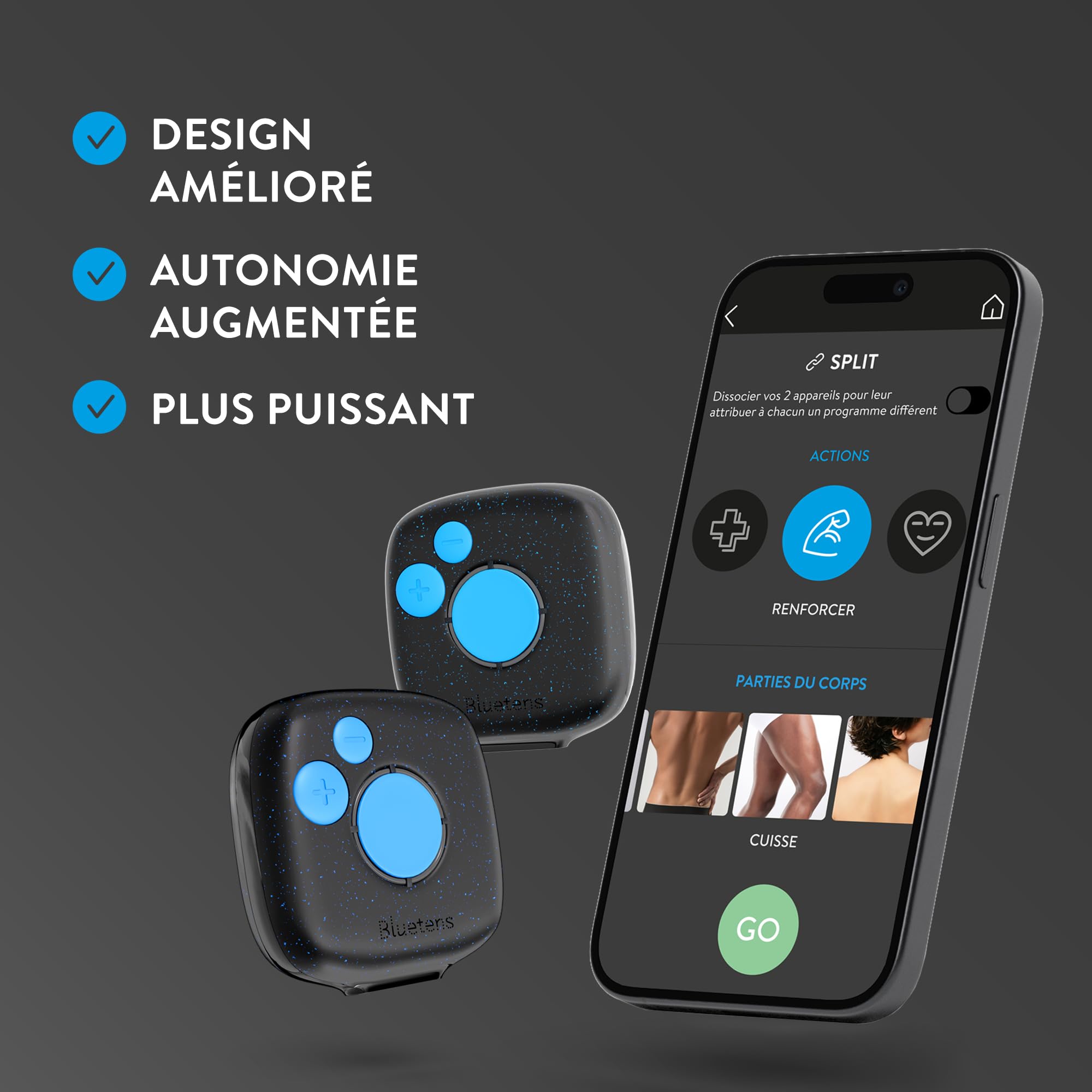 Bluetens Duo Sport 2 Electrostimulateur EMS Connecté sans Fil, Appareil Electrostimulation Musculaire et Anti Douleur, Renforcement Musculaire, Relaxation, Récupération par Electro-Stimulation