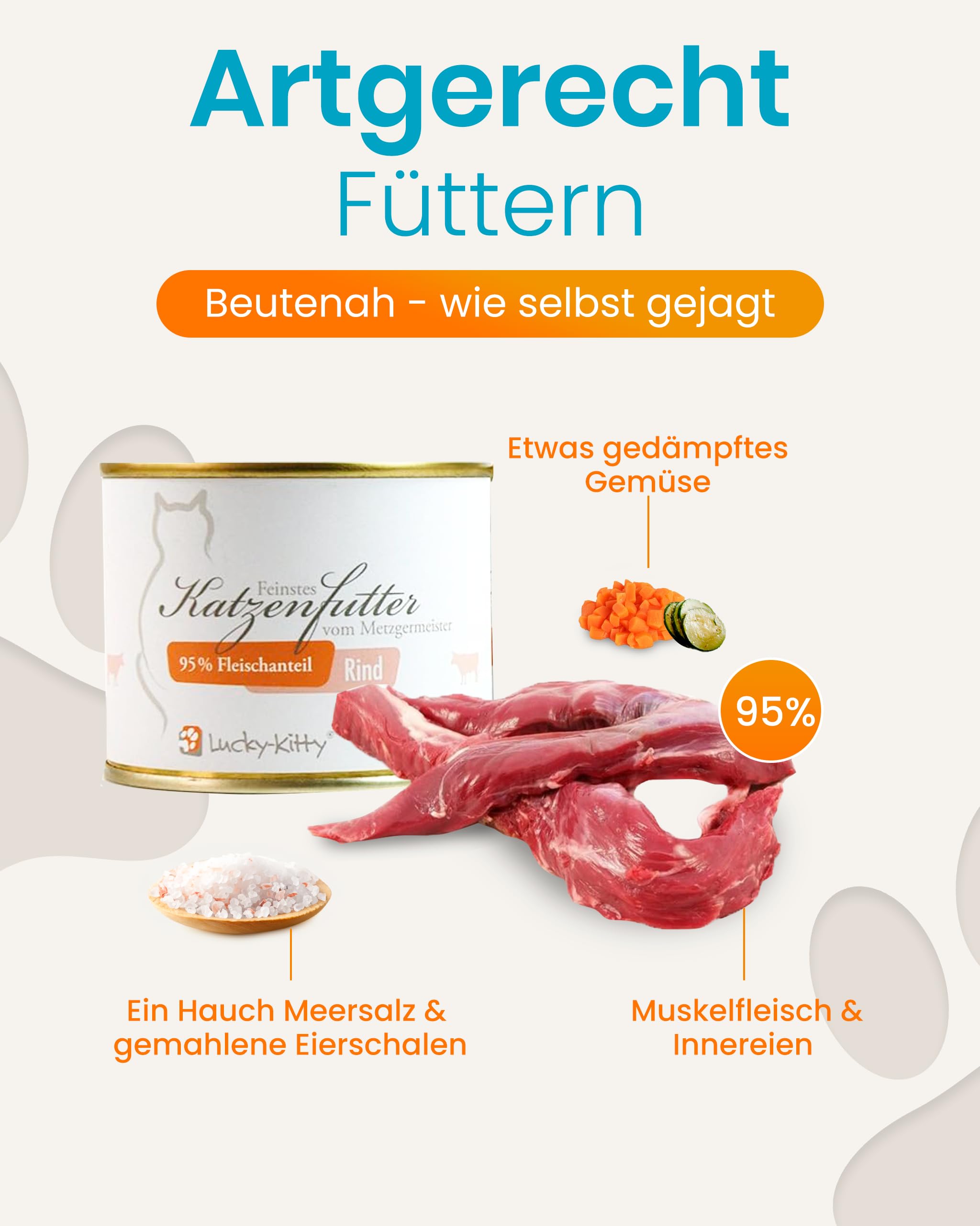 Lucky-Kitty Katzenfutter Nass Rind, 95% Fleisch, Monoprotein, 16x200g | 95% Fleisch, Ohne Getreide & Zucker, Lebensmittelqualität, Keine Zusätze, Made in Germany