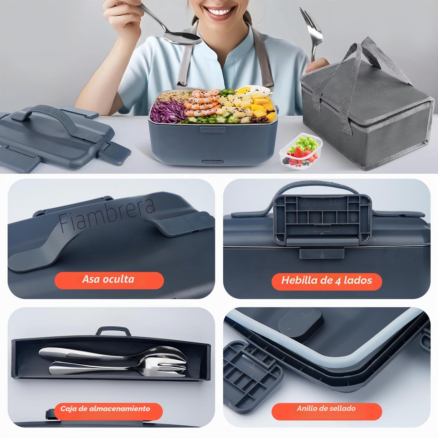 Fiambrera Eléctrica de 90W de Gran Capacidad, 3 en 1 Fiambreras Comida Trabajo, 12V/24V/220V Taper Eléctrico para Comida con Extraíbles para Coche y Oficina (Negro, 2 L)