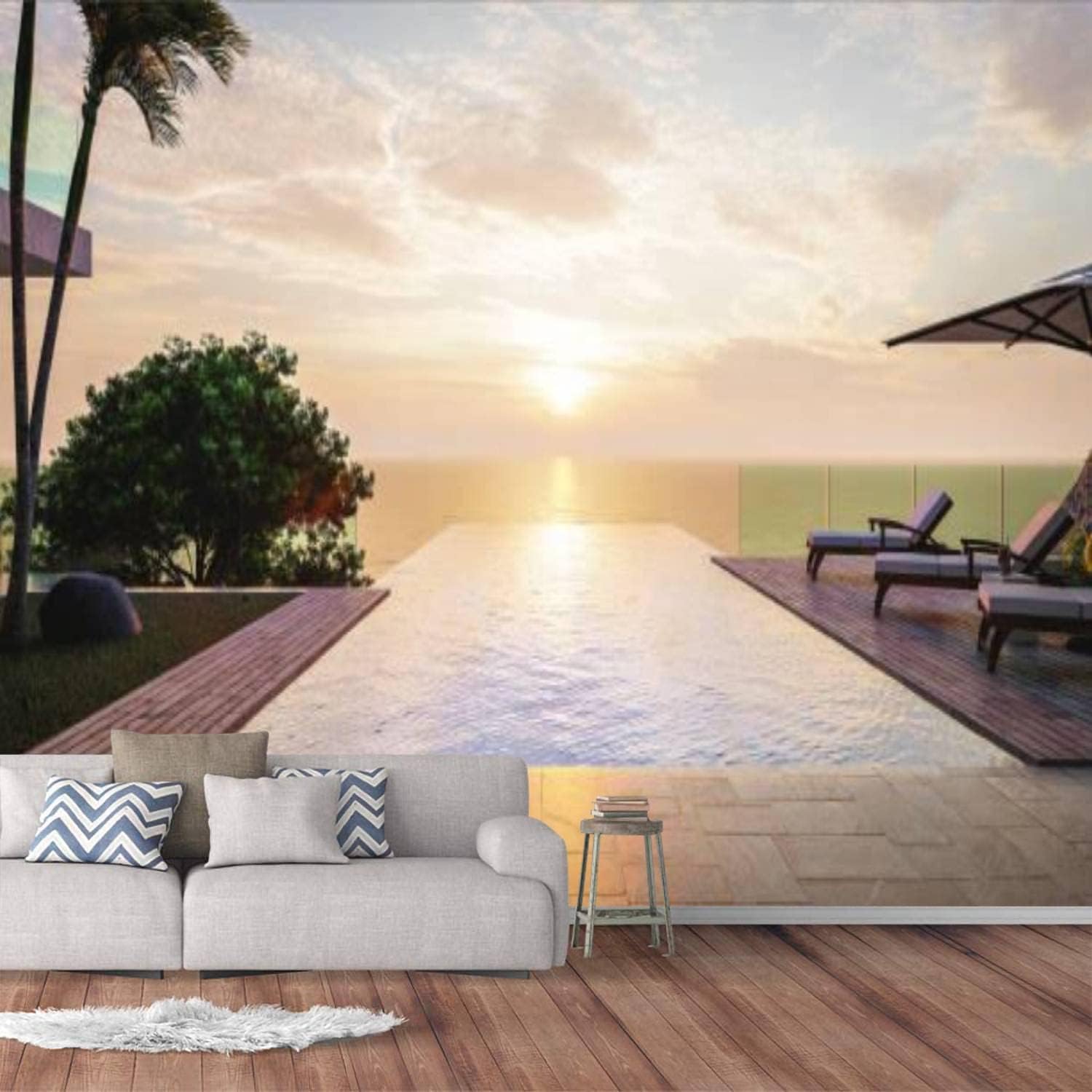 Modern Wall Murals 3D Summer Beach Lounge Seaside Pool Terrace Lounger at Luxury Villa Peel and Stick Wallpaper Removable Self-Adhesive PVC Wall Stickers for Living Room Bedroom Wall Decor