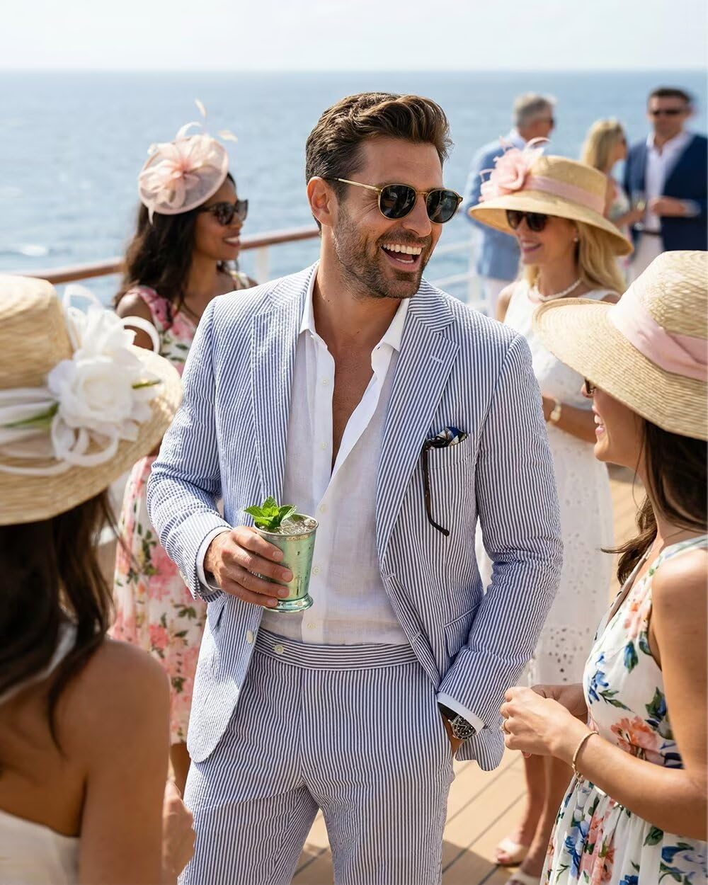 Seersucker Mens Suit 2 Piece Slim Fit Stripe Suits Tuxedo Blazer Jackets Pants Set Summer Beach Wedding Outfit for Men