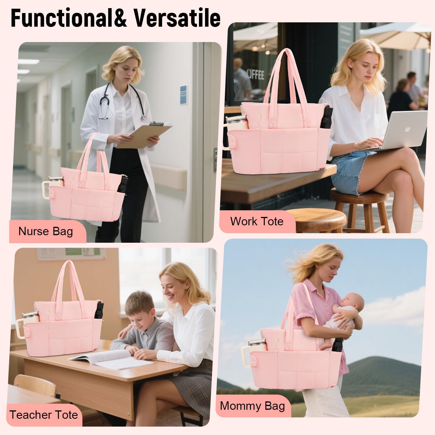 Puffer Tote Bag with Large Cup Holder& 15.6 Inch Laptop Compartment, Lightweight Puffy Work Bag with Water Bottle Pocket, Large Laptop Tote with Clutch Purse for Women Teacher Nurse (Pink) - Image 8