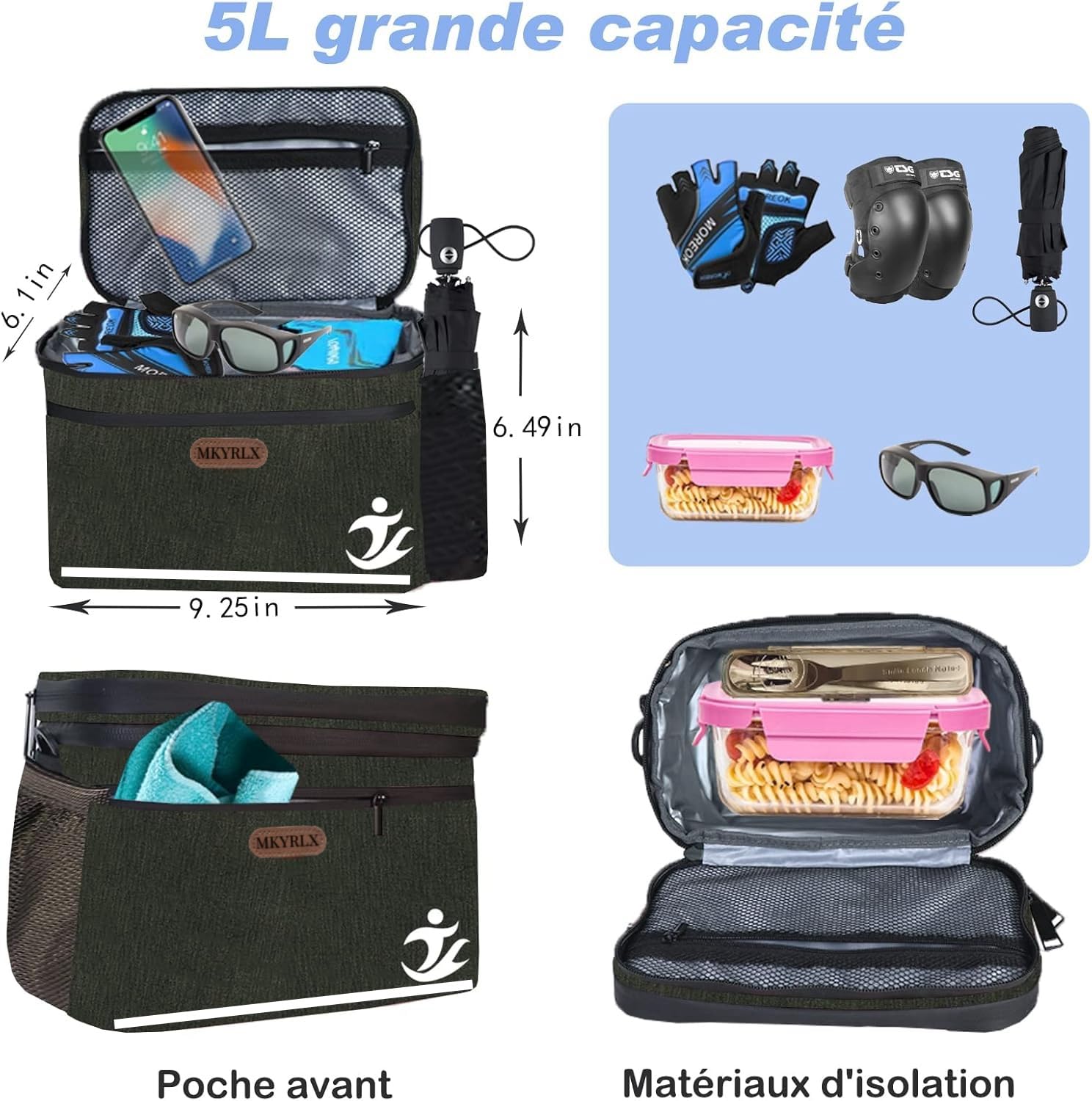 Sacoche de guidon de vélo, 5 l, étanche, poche avant isolée, avec support de téléphone portable pour écran tactile et bandoulière amovible, compartiment isotherme pour vélo électrique, VTT et