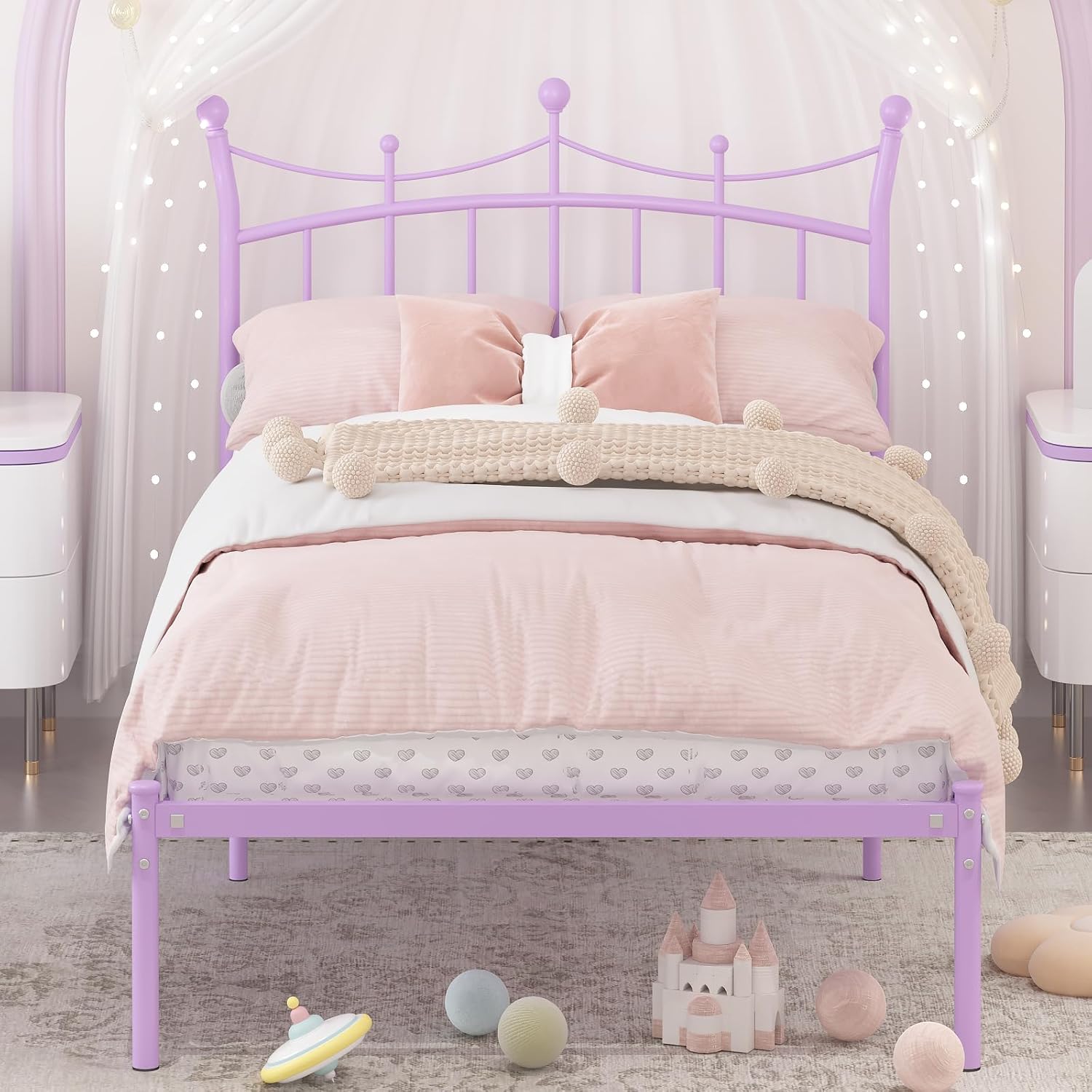 Twin Bed Frame with Headboard，Princess Bed for Girls Heavy Duty Metal Platform Under Bed Storage Space No Box Spring Needed,Purple