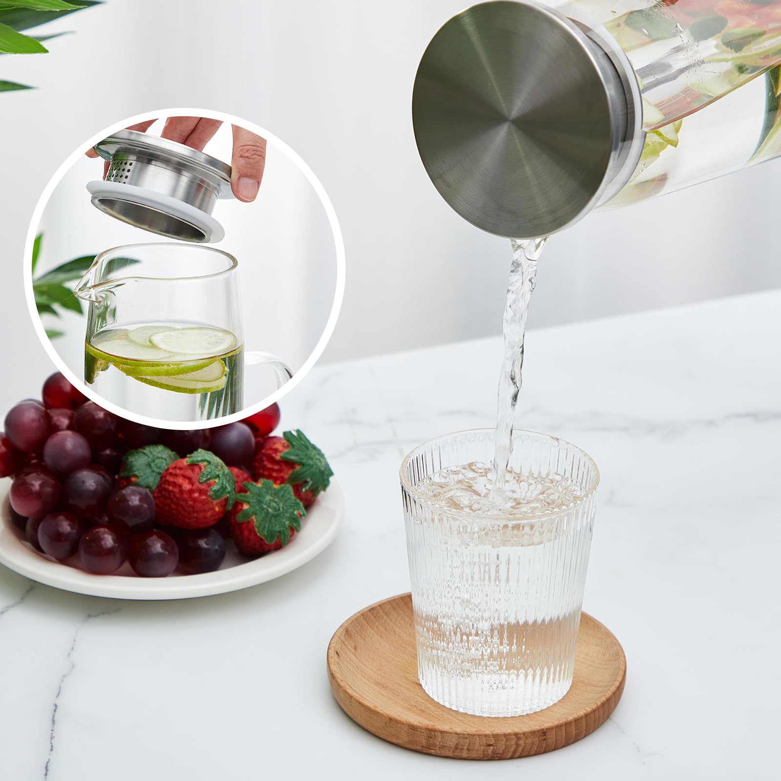 Hsei 2 juegos de jarra de vidrio con tapa, jarra de agua de 1500 ml con asas para bebidas frías y calientes, jarra de vidrio para té, jugo, leche, café, bebidas heladas