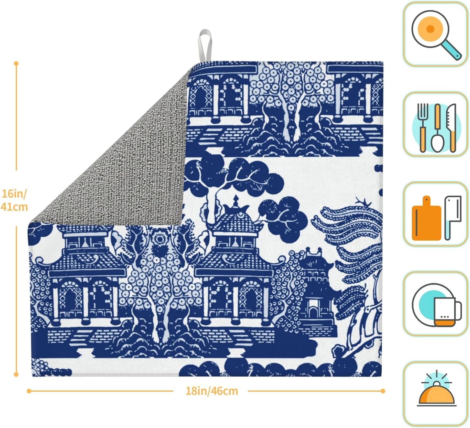 Generic Blue Willow Chinoiserie Porcelain Inspiration Dish Drying Mat For Kitchen, 16" X 18" Rectangular, Absorbent Pad For Counter, Reversible Microfiber Sink Mat, Easy To Clean