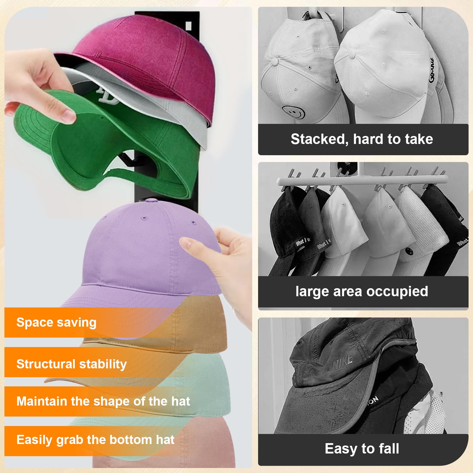 OMJMYY 2 Pezzi Porta Cappelli da Parete Autoadesivo Fino a 20 Cappelli Organizzatore per Cappelli Cappelliera Parete per Porta Armadio Camera Cappelliera Compatta Design e Salva Spazio(Nero)