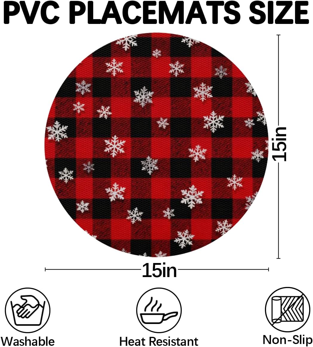 Snowflake Fabric PVC Placemats for Round Table Place Mats Set of 5 with Round Centerpiece Mat, Large Size Wedge Shape Placemats Washable Heat Resistant Dining Table Mat