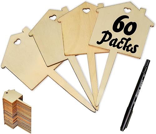 Caylielam - Etiquetas de plantas para jardín, 60 piezas de formas de casa, etiquetas de madera para macetas, para interiores y exteriores, semillas