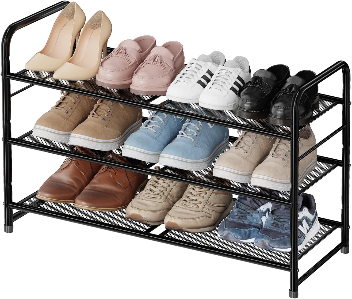 Metal Shoe Rack, Stackable 2 Tier Closet Shoe Organizer with Durable Mesh Shelves, Adjustable, Black, Gold