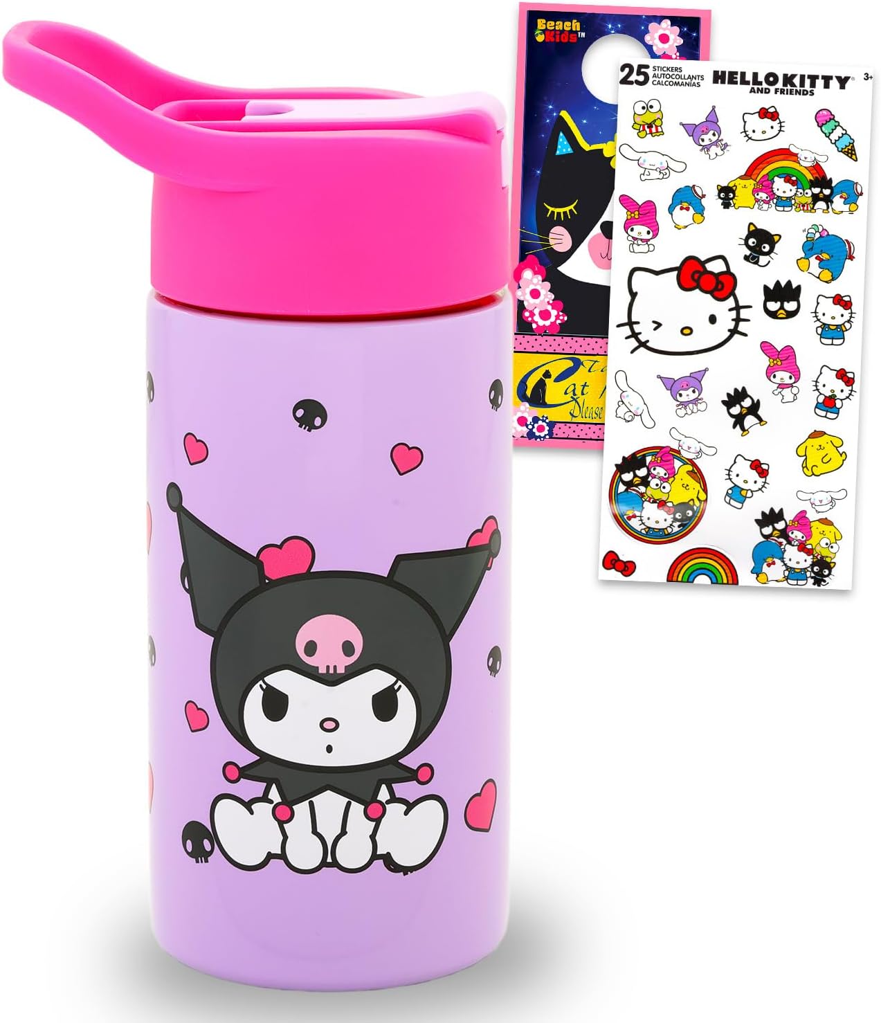 SANRIO Kuromi Stainless Steel Water Bottle for Girls - Bundle with 14 Oz Kuromi Drinking Cup For Home, School, and Sports, Plus Stickers, More Water Bottle with Straw